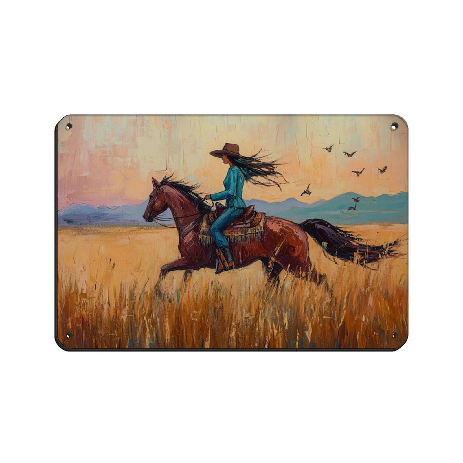 Plaque en métal vintage de cowboy et champ de blé - Décoration murale rétro 20x30 cm
