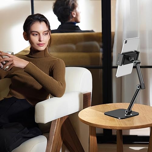 Miniatura 7 de Soporte para tablet para iPad, soporte de teléfono con base resistente para escritorio, soporte plegable ajustable multiángulo compatible con
