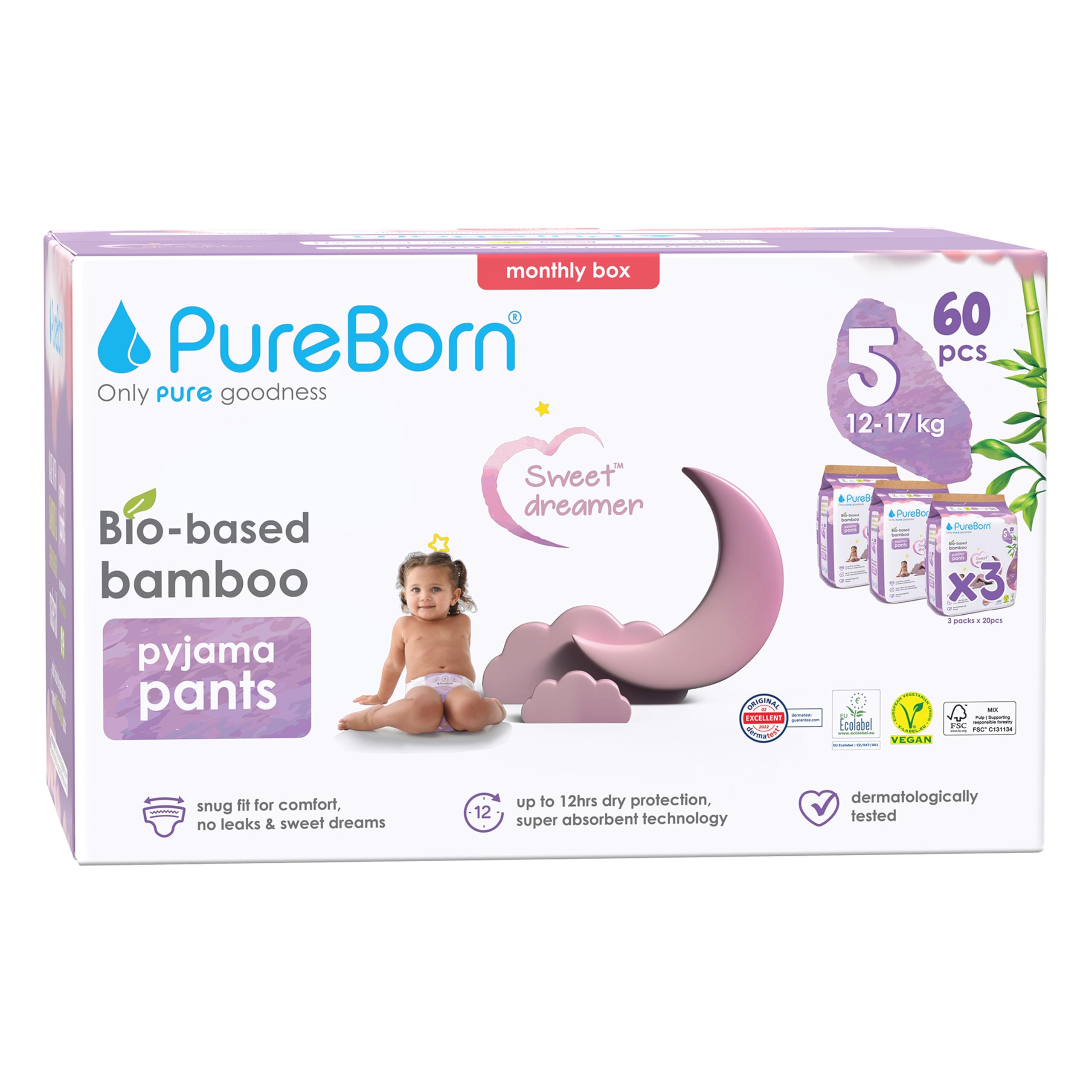 PureBorn Sweet Dreamer Pañales Braguitas de Noche, Talla 5 (12-17 kg), 60 Pañales, Protección Contra Fugas Durante la Noche, Absorción Extra, Confort en Seco, Indicador de Humedad