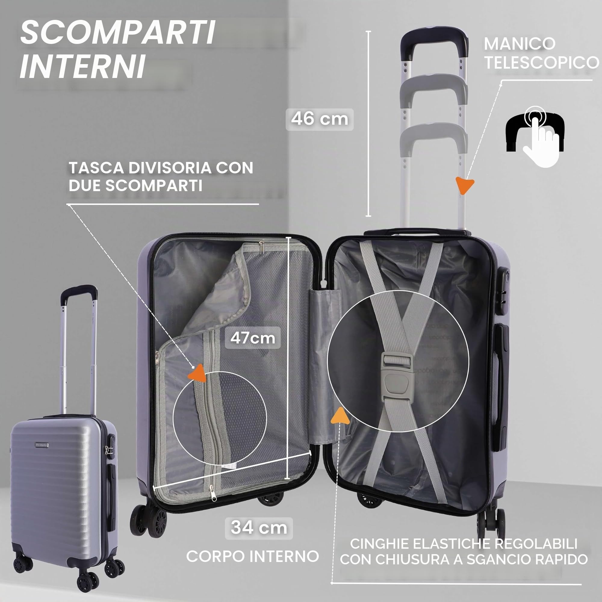 DON ALGODON - Trolley bagaglio a mano 55x40x20 (Espandibile) – 33L - Valigia Bagaglio a mano Ryanair – Valigia Media Rigida – Trolley Cabina Piccolo - Iris