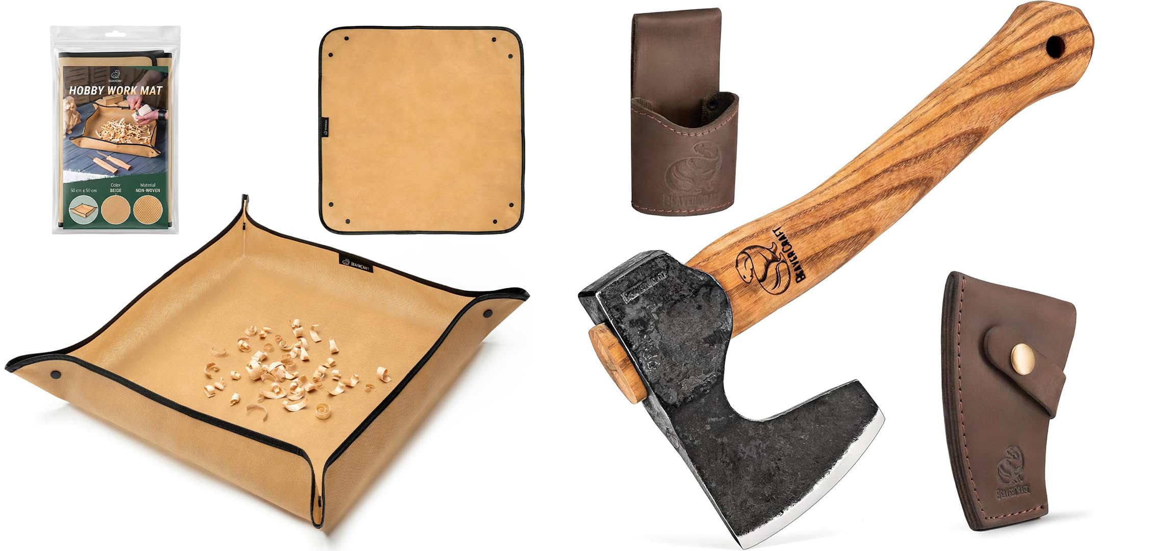 BeaverCraft Campingaxt AX6 handgeschmiedet mit Lederscheide & Arbeitsmatte MS – Robustes Beil zum Holz spalten für Outdoor & Garten – Forstaxt mit Holzstiel & Faltbare Matte für sauberes Arbeiten