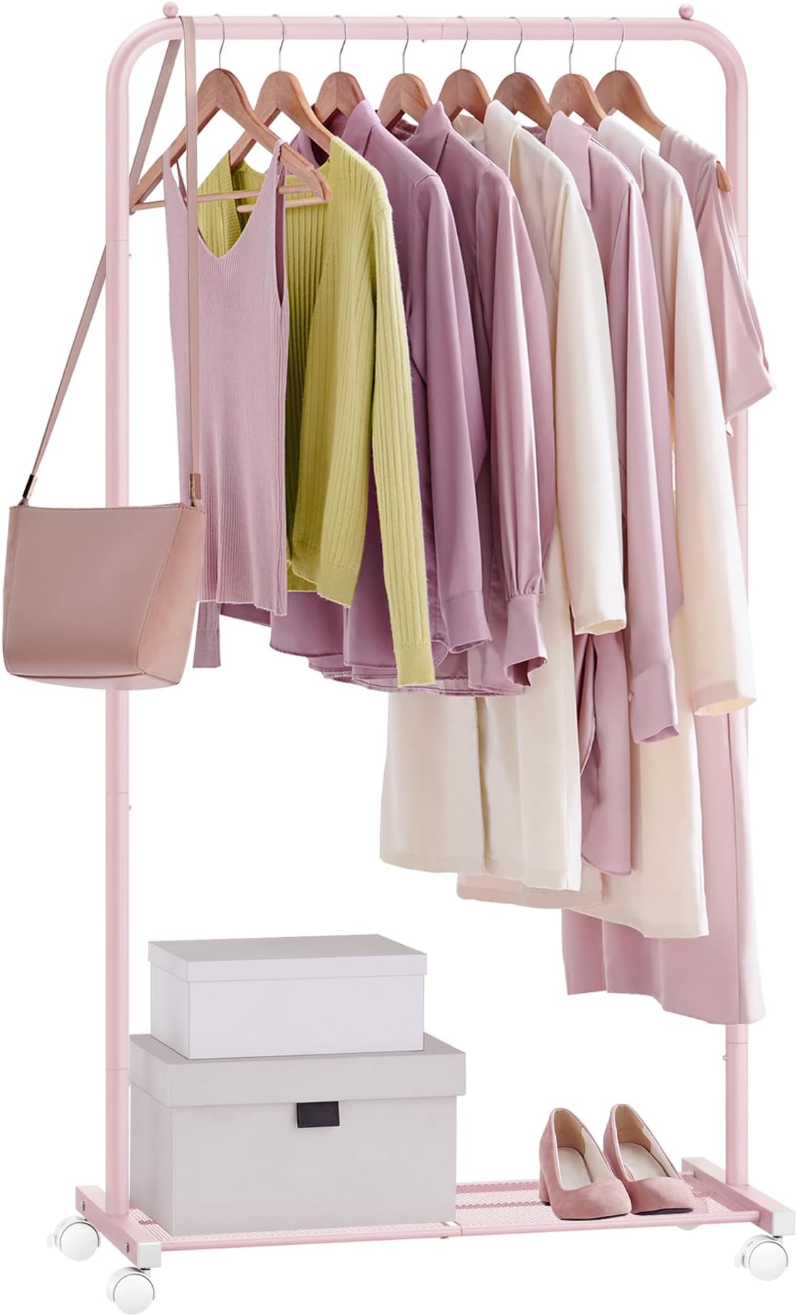 SONGMICS Clothes Rack, Clothes Rail on Wheels, Metal Clothing rail for Bedroom, 74 cm Long Hanging Rail, with Storage Shelf, 2 Lockable Wheels, 35 kg Load Capacity, Jelly Pink HSR130R01