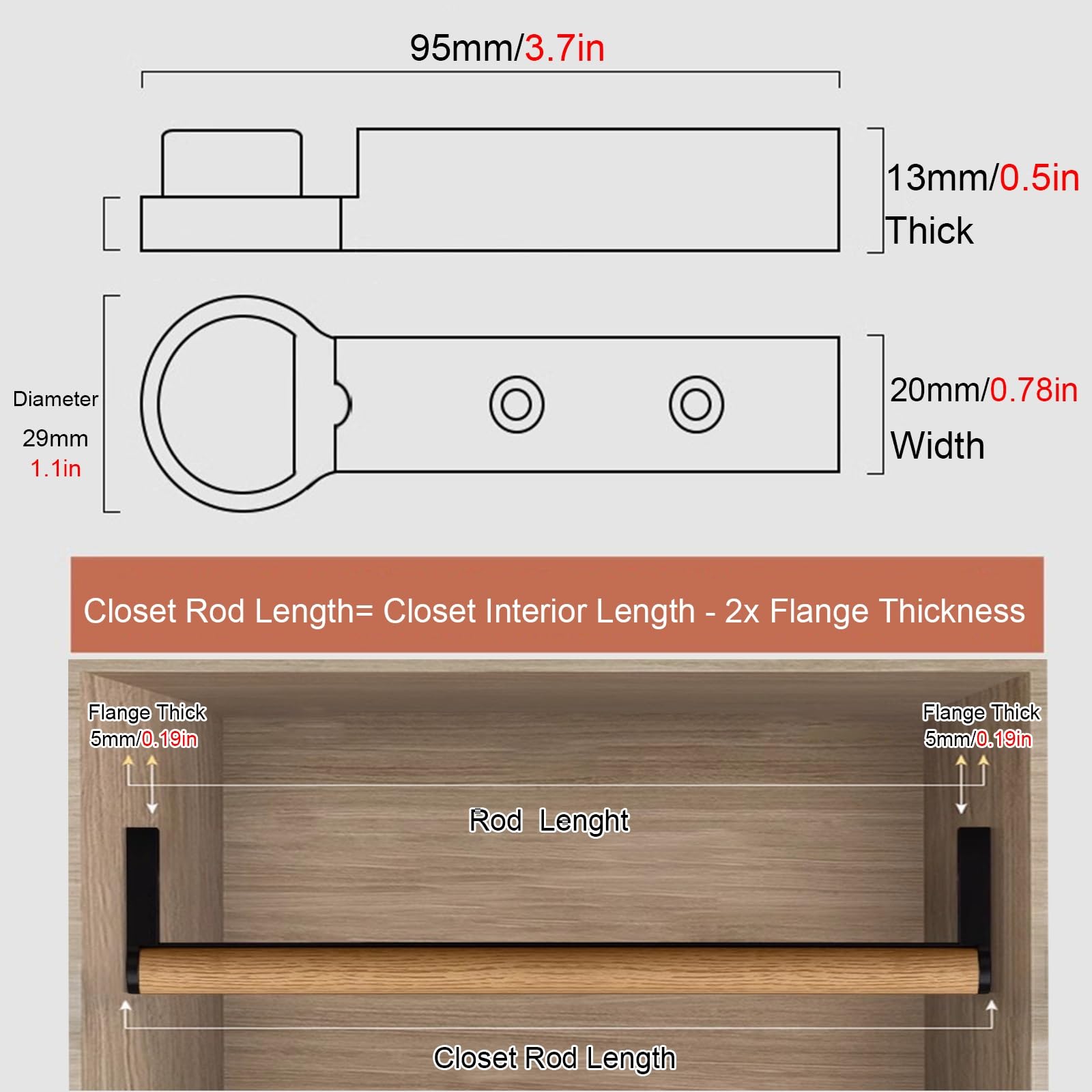 Kleiderstange Schrank Zuschneidbar Rund Schrankstangen mit Holzmaserung, Rutschfest Garderobenstangen zum Aufhängen Von Kleidung, Abnehmbar Garderobenstange - Leicht zu Schneiden(B-style,60cm/23.6in)