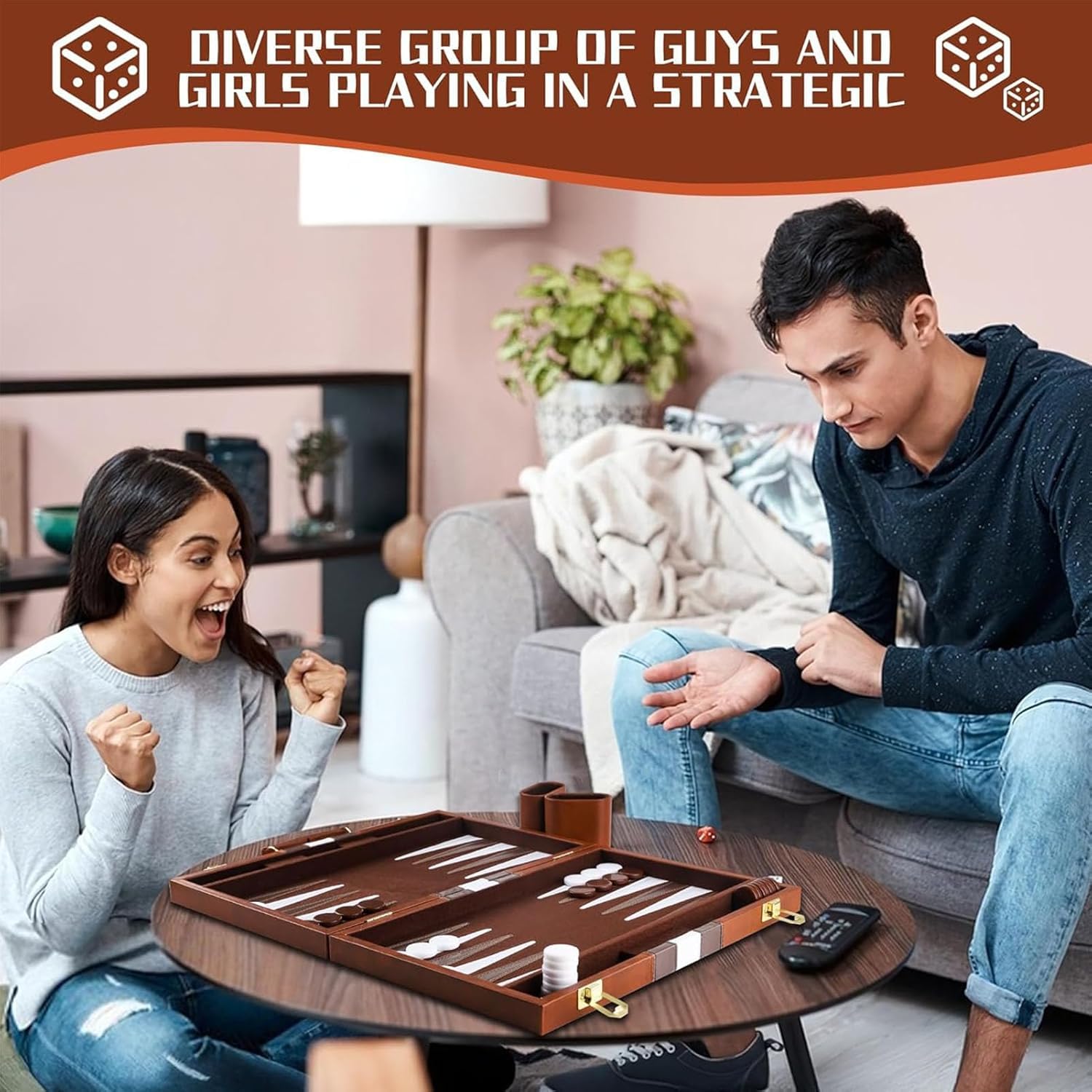 Backgammon Valise en bois 38 cm pour 2 joueurs - Classique - Avec étui en cuir de qualité supérieure - Portable et avec gobelet à dés - Pour les campeurs et les fans de voyage