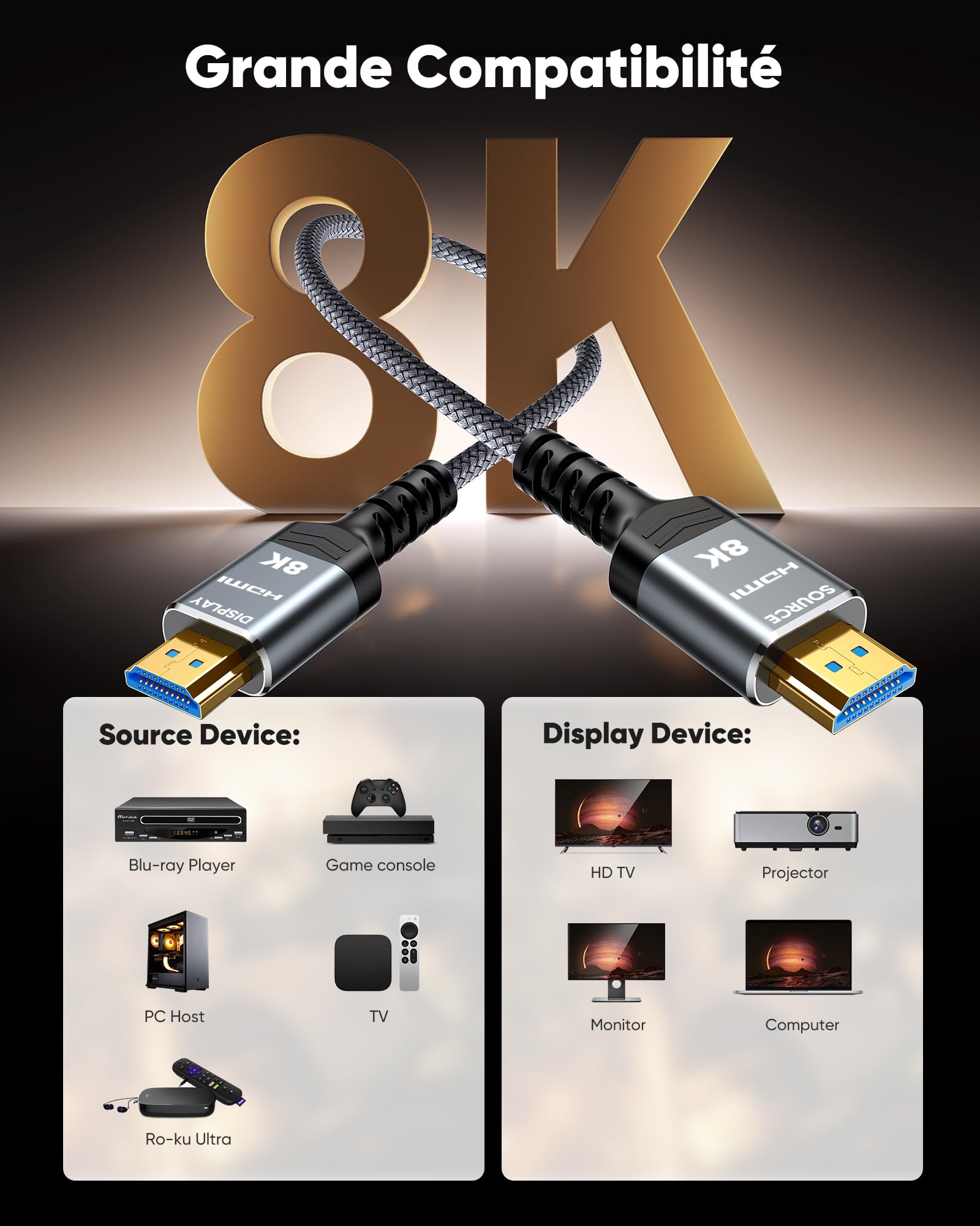 Snowkids 8K Cavo 2.1 HDMI 30M,Ultra High Speed 48Gbps,8K@60Hz 4K@120Hz | 8K Cavo HDMI 2.1, Ultra High Speed 48Gbps with no signal loss,delivers detailed images for movies and video games