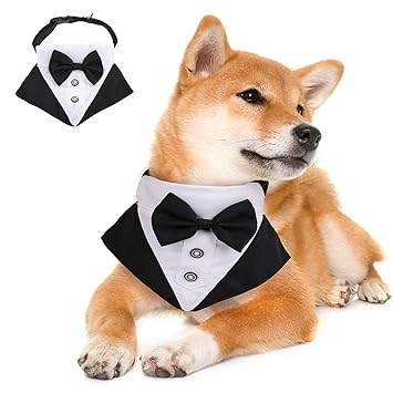 ROZKITCH Dog Wedding Bandana Adjustable Formal Tuxedo Bandanas with Bowtie, Medium Large Dog Costume Tail Collar Neckerchief Pets Elegant Gentle Scarf for Wedding Party Gift and Birthday Occasions