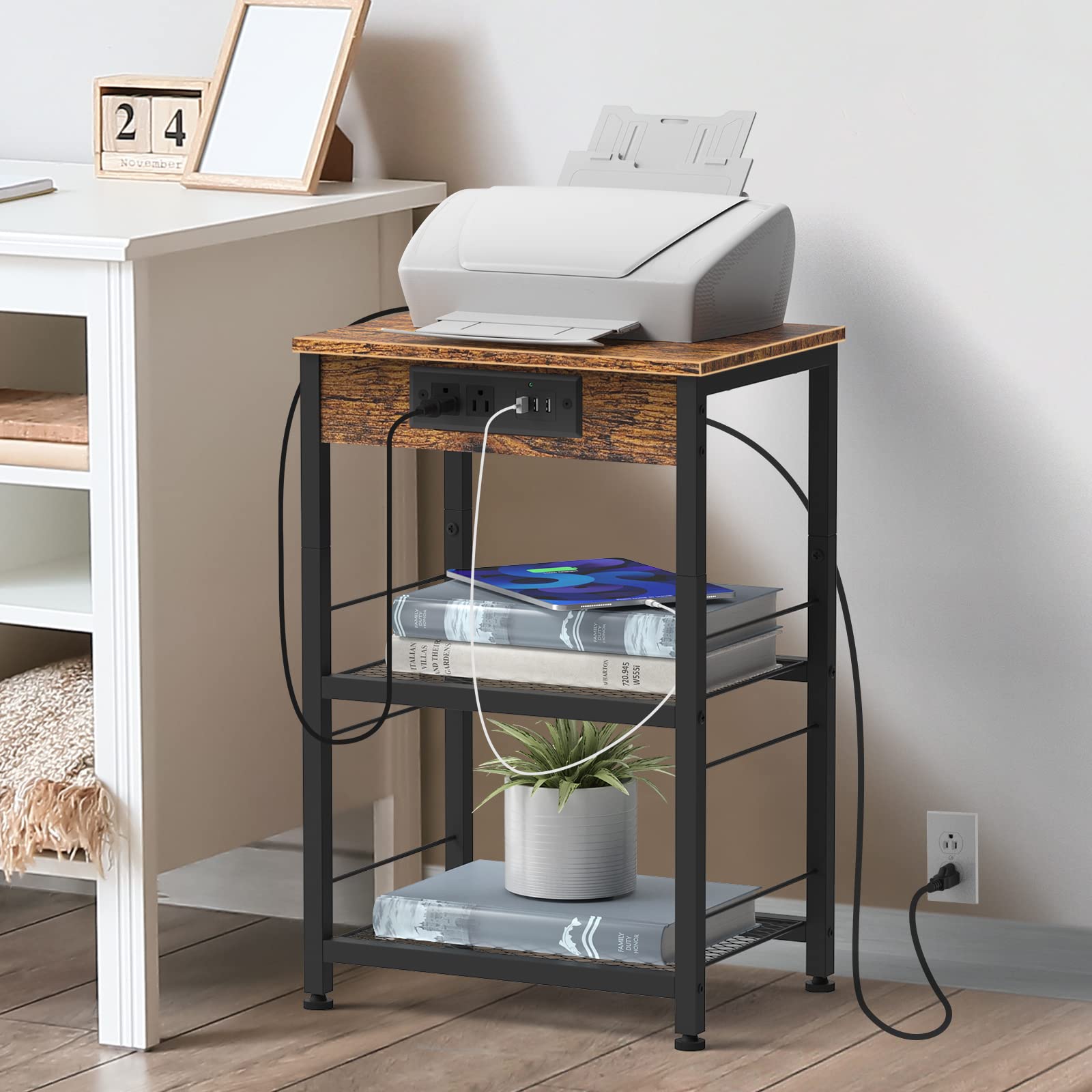 YBING Nightstand with Charging Station Brown End Side Table with USB Ports and Power Outlets Industrial 3-Tier Bedside Table with Mesh Shelves for Bedroom Living Room Farmhouse