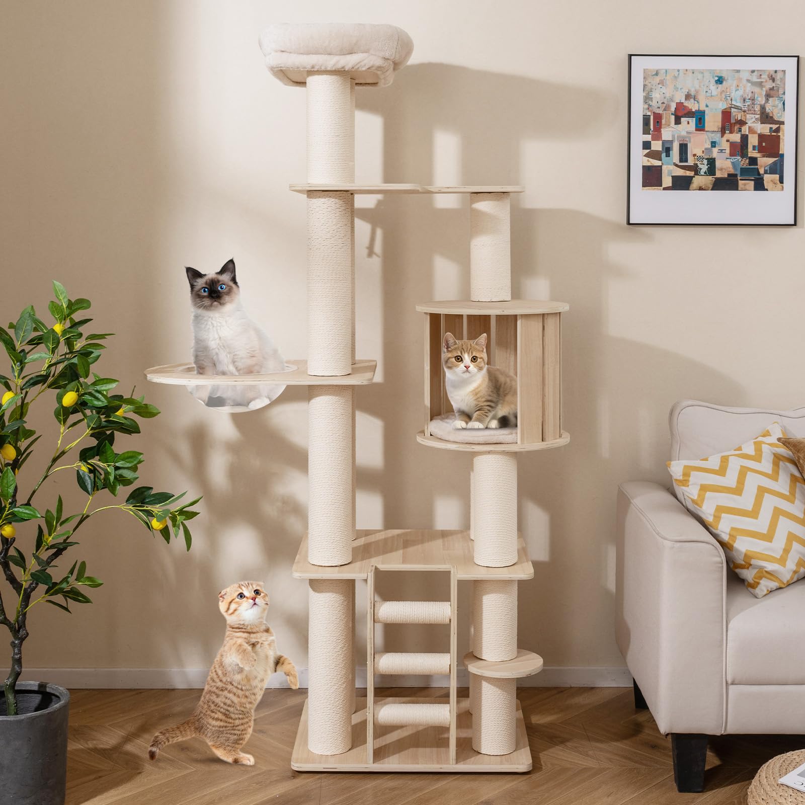COSTWAY 185 CM Árbol Rascador para Gatos de Madera, Torre Rascador Multinivel para Gatitos Sólida con Condominio, Percha, Postes Rascadores, Escalera, Castillo Gatos de Múltiples Niveles, Natural