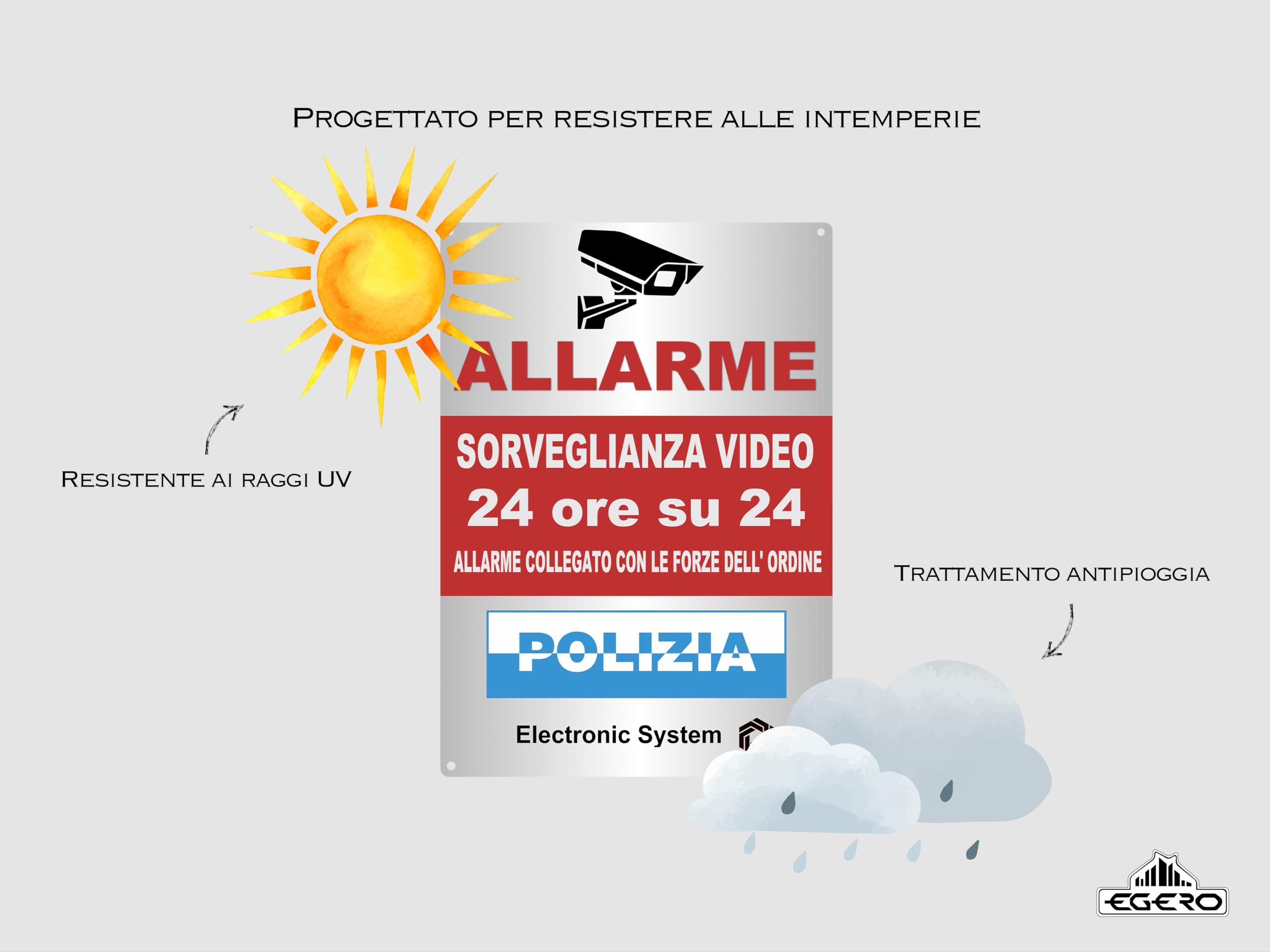Panello in PVC per Casa, Edilizia, Commercio, Garage. Adesivi di sorveglianza video di qualità professionale. (Polizia)