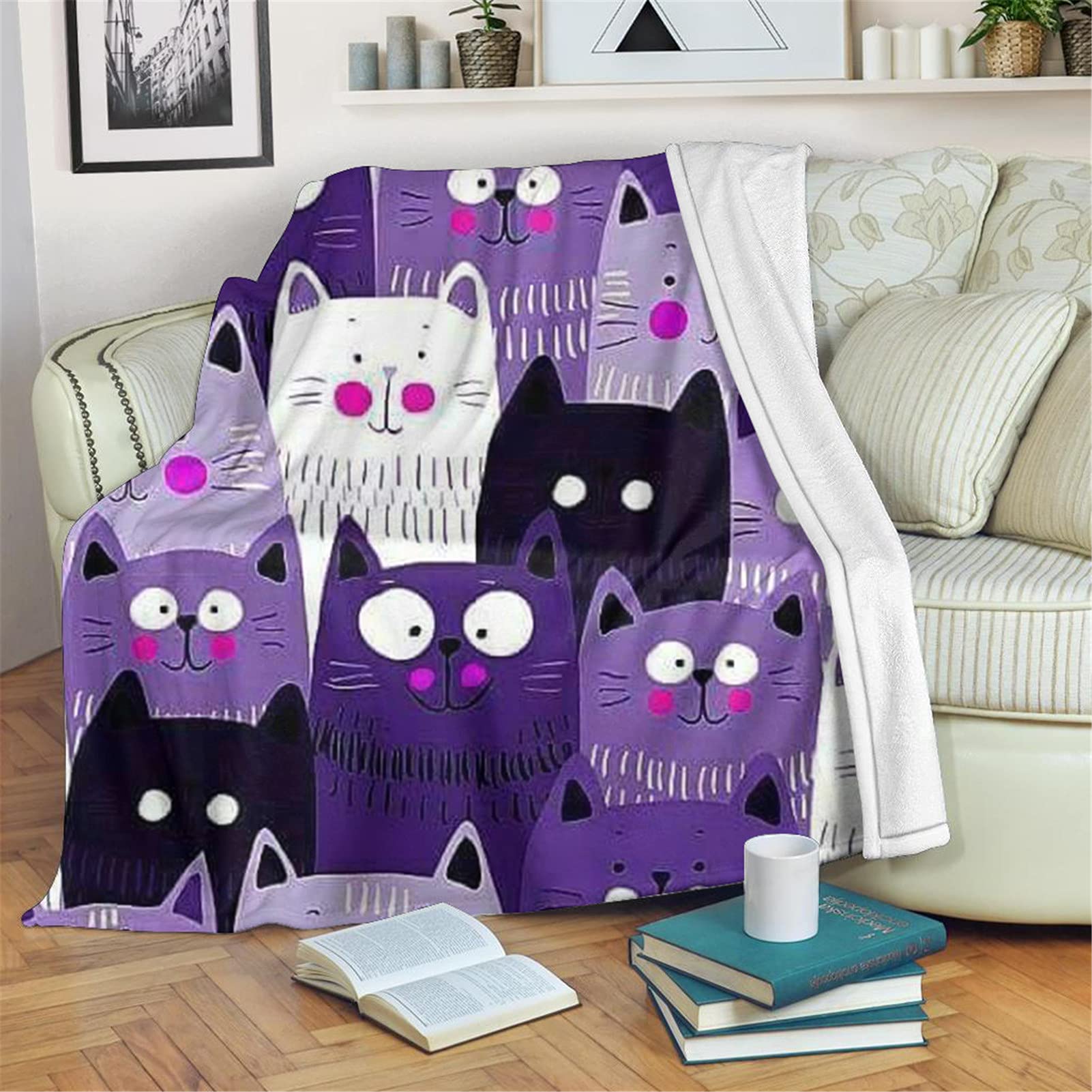 fifbird Sherpa Fleece Blanket for Home Office Chair Cover Nap Shawl, Purple Cartoon Cat Adorkable Cats Shaggy Warm Thick Blanket Yoga Mat Picnic Mat 40"x30"