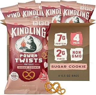 Kindling Power Twists Protein Pretzels - Sugar Cookie | Protein-Packed Snack Bags | Kosher | 7g Protein Per Serving | No Artificial Flavors, Soy-Free | Lunches, Office Snacks, & On-the-Go | 4 Count (6.5oz Bags)