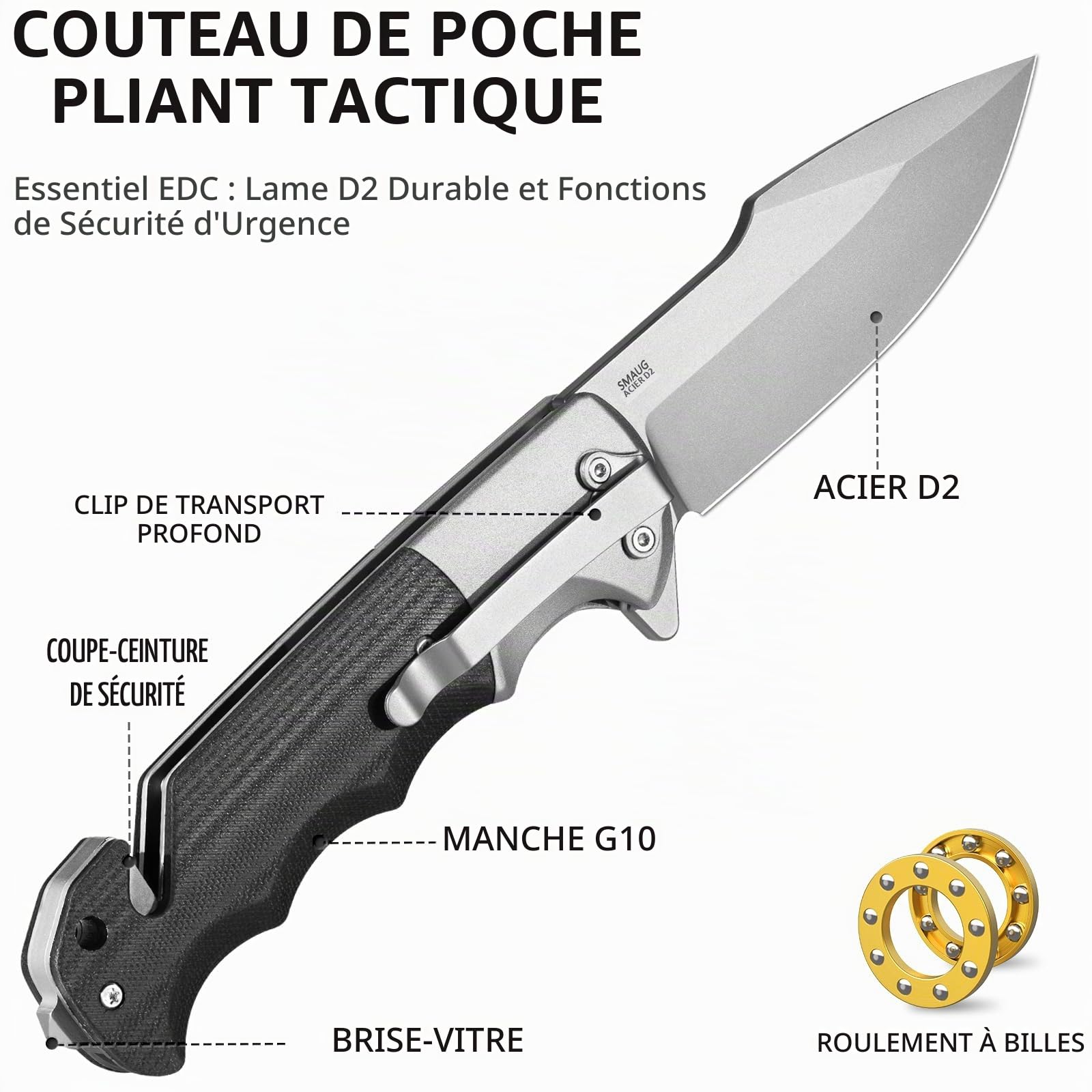 LOTHAR SMAUG Couteau Pliant Couteau à Une Main, 9,5 mm en acier D2 Couteau de Sauvetage Avec Manche G10, Liner Lock