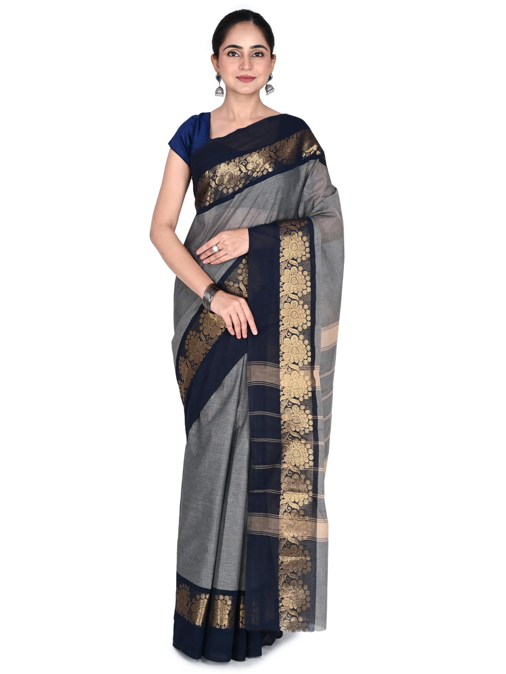 South Cotton Grey Black | Classic South Cotton Saree in Earthy Tones-image-46