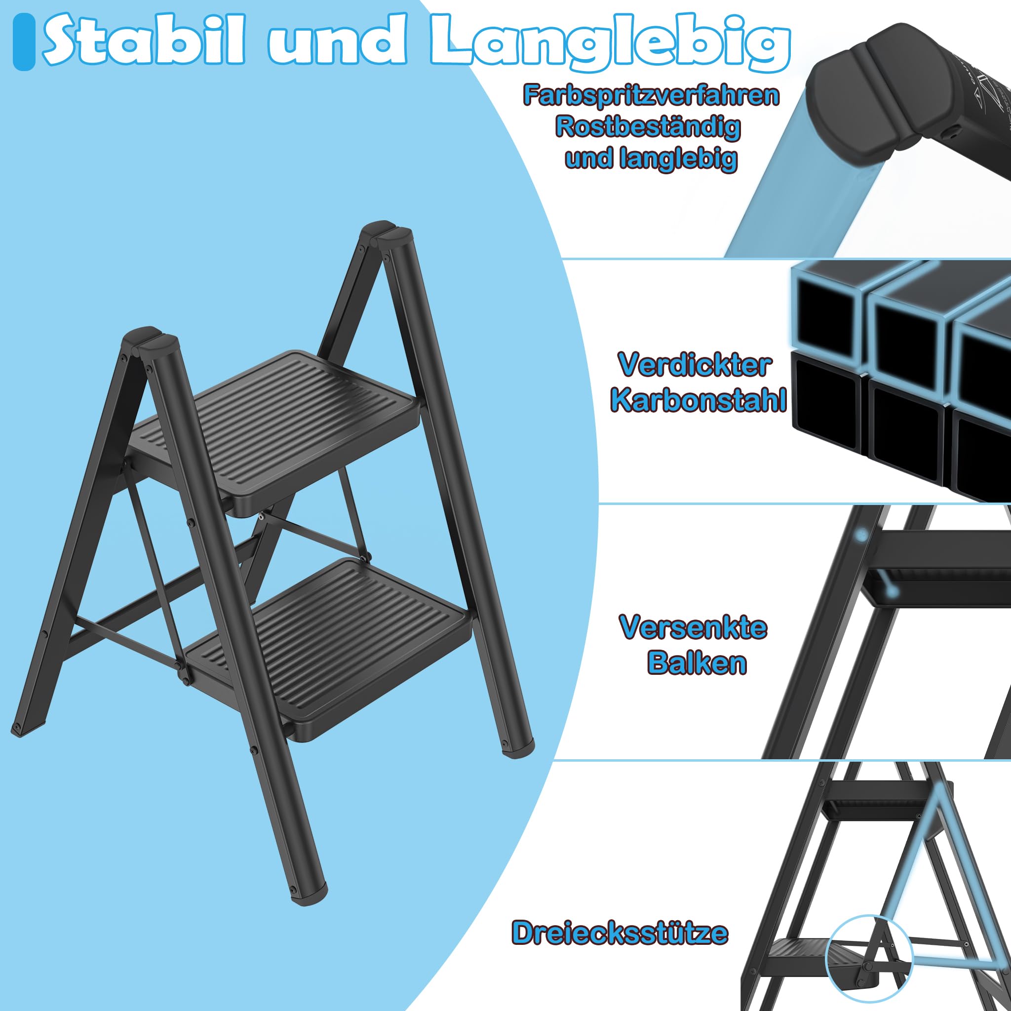 Aufun Escalera plegable de 2 peldaños con pedal antideslizante ancho, escalera multifuncional para el hogar, fácil de guardar, con capacidad de carga hasta 270 kg, escalera de peldaños para el hogar