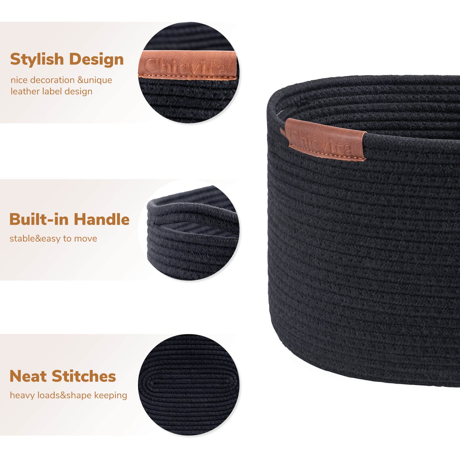 Cestas para organizar, cesta de almacenamiento con asas y etiqueta decorativa de cuero, cesta tejida para juguetes, toallas, paños, zapatos, cesta negra, 3 paquetes 6