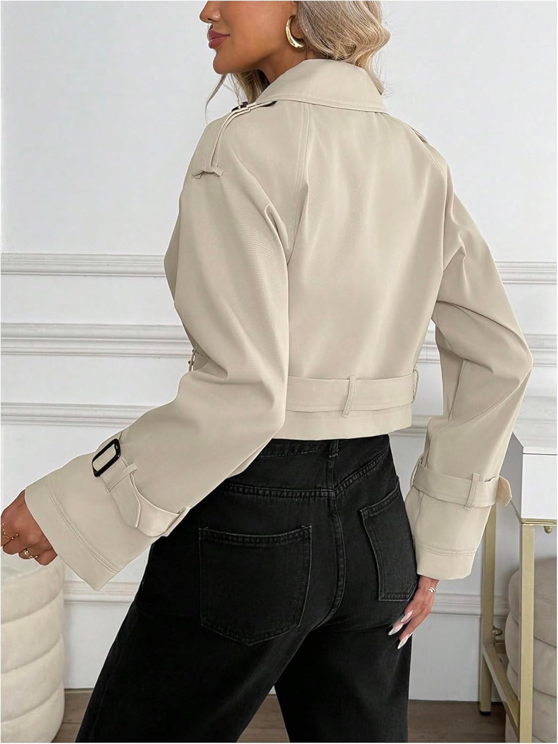 GORGLITTER Women's Cropped Trench Coat Trendy Long Sleeve Work Office Belted Jacket Fall Outfits - Image 2