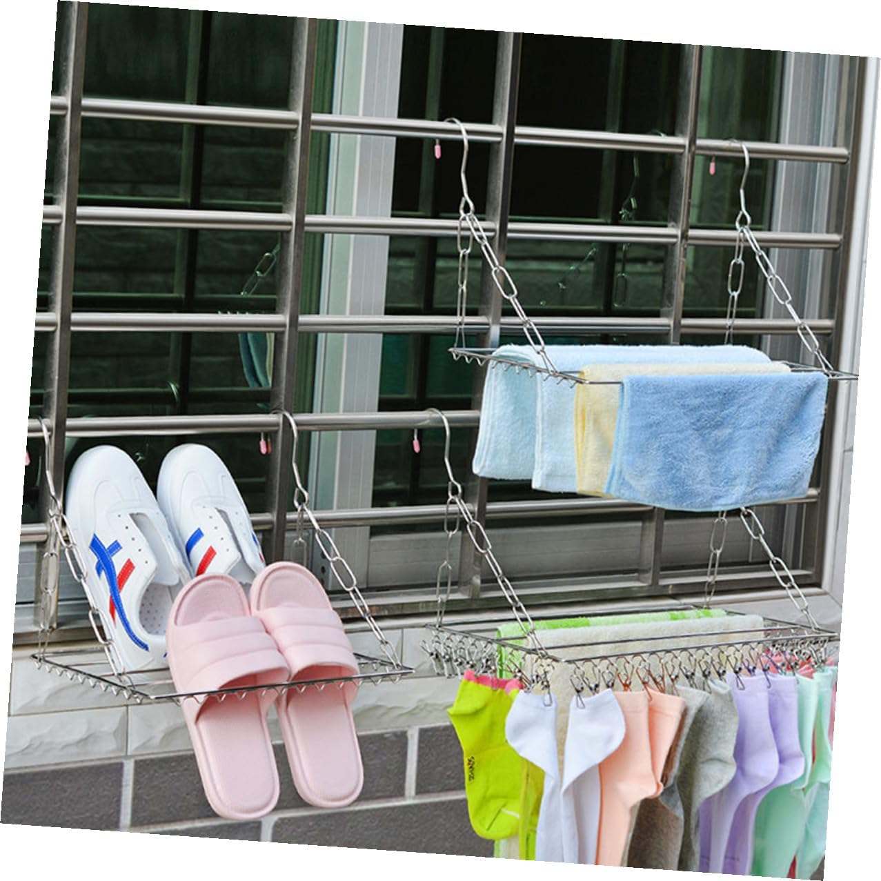 Stainless Steel Socks and Pants Drying Rack Windproof Multifunctional Clothes Hanger for Balcony Home Use with 45-Rod Capacity