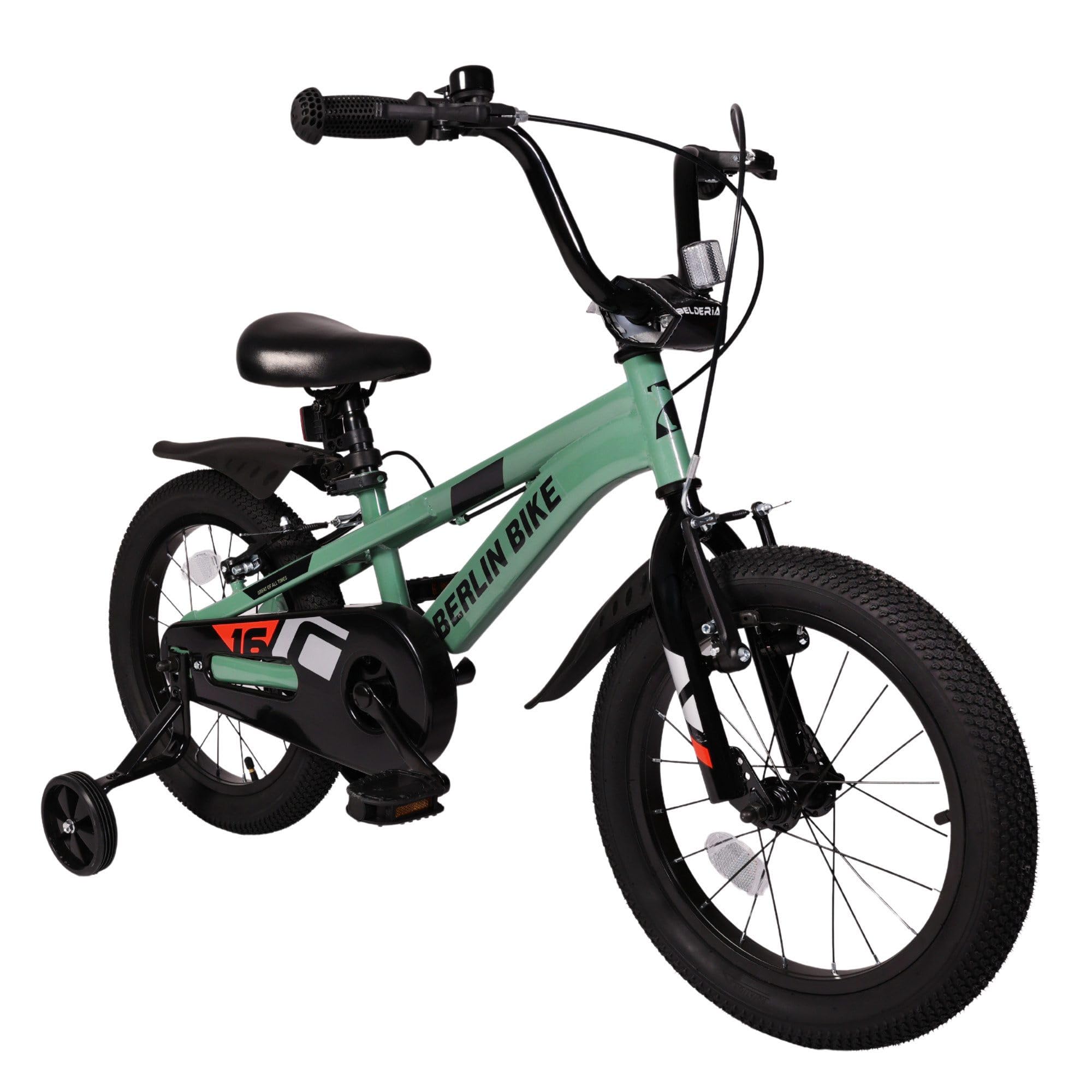 BERLIN BIKE Kinderfahrrad 16 Zoll - Stützräder, V Brake Bremsen, Klingel - Grün