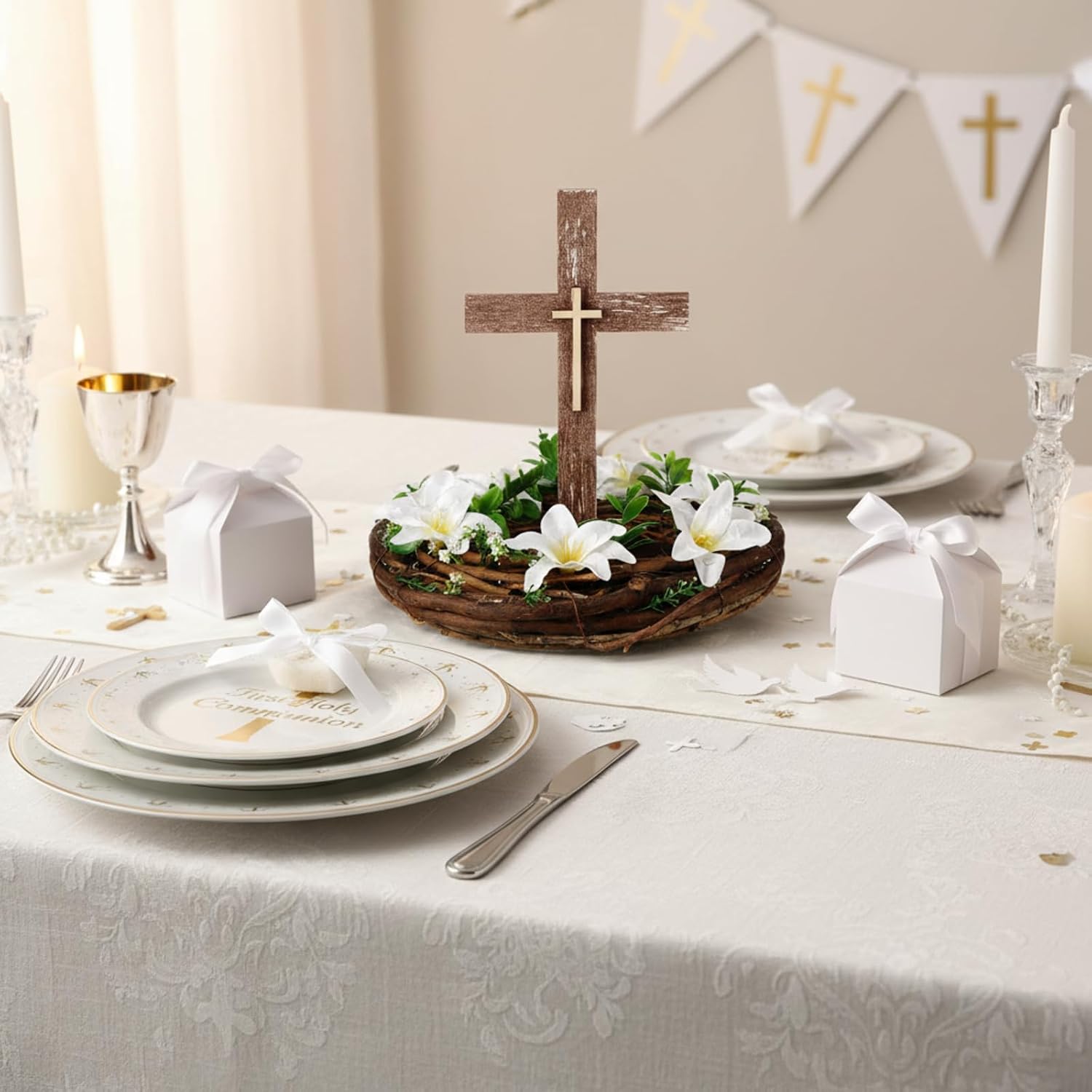 Kathfly First Holy Communion Cross Table Decor with Flower Wreath Standing Wooden Cross First Communion Religious Tabletop Signs Christian Baptism Centerpieces for Easter Rustic Farmhouse Decor Gift