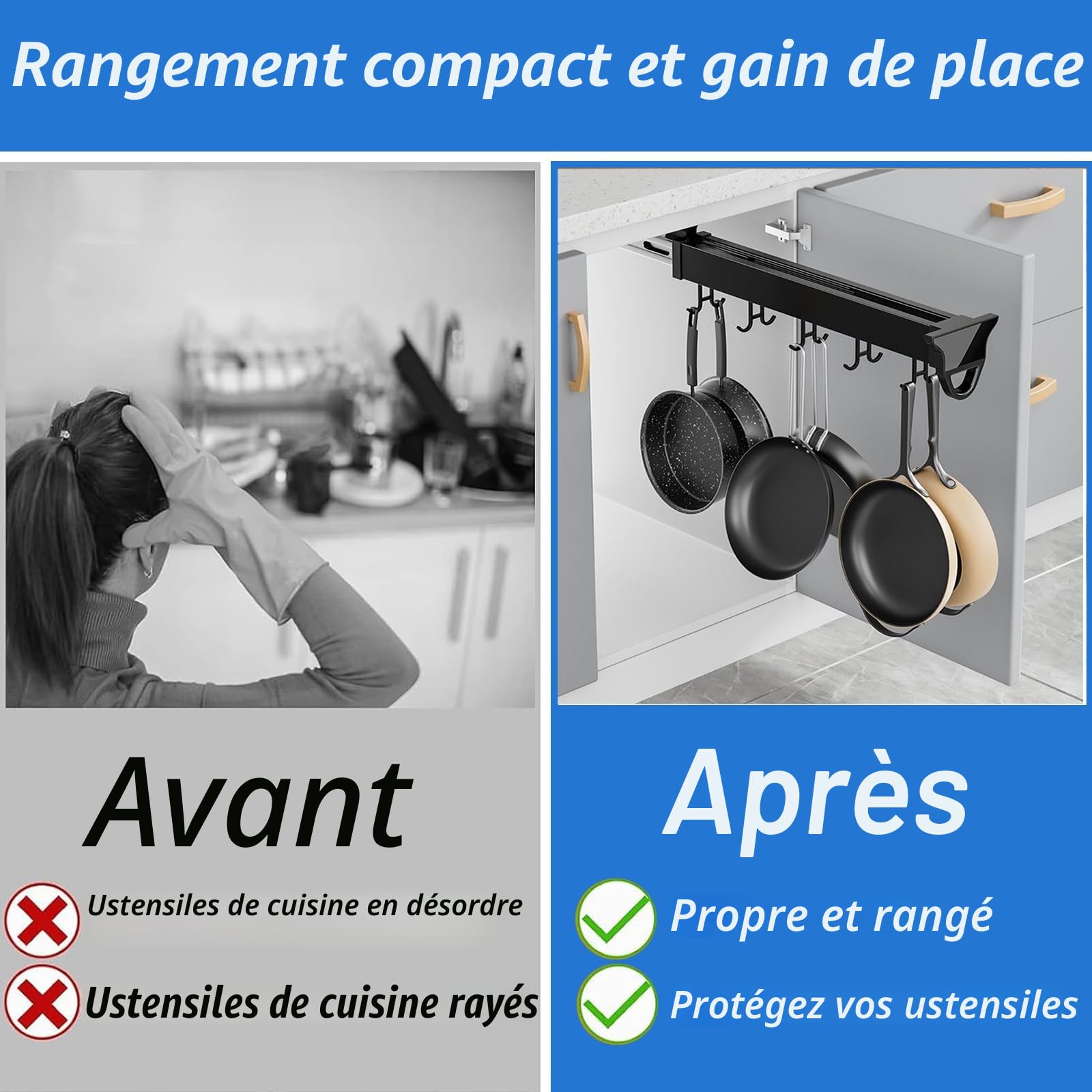 Support de rangement mural et multifonctionnel à faible encombrement avec fonction coulissante pour balai et serpillière, pour placard, armoire, penderie, cuisine, garage, 41 cm