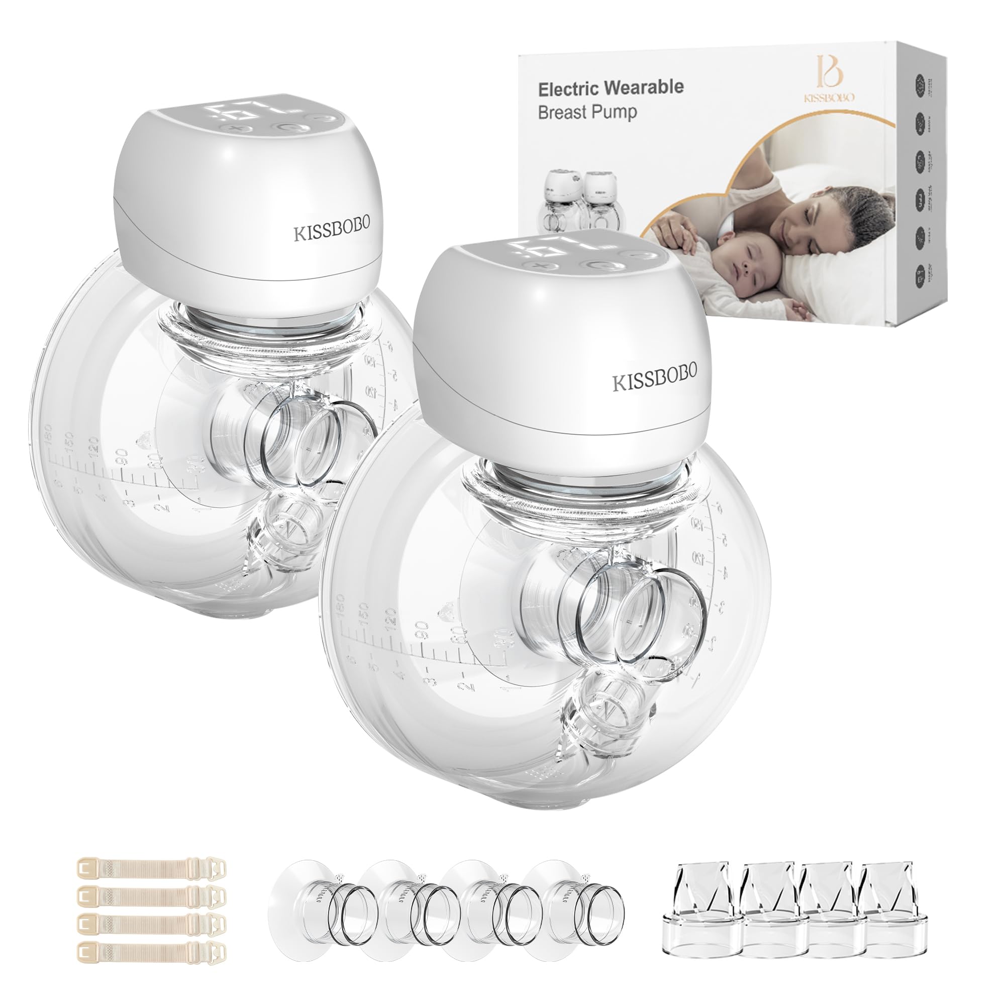 Tiralatte Elettrico,Tiralatte Elettrico Indossabile, Tiralatte LCD Vivavoce,3 modalità e 9 livelli,Pompa mammaria senza fili ricaricabile a basso rumore con flange 21mm / 24mm (Bianco 2pcs)