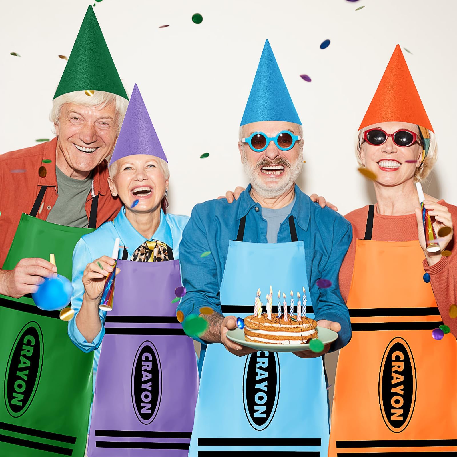 Juego de 8 delantales coloridos y sombreros divertidos para adultos, diseño de lápiz para Halloween, fiesta, Cosplay y disfraz de grupo