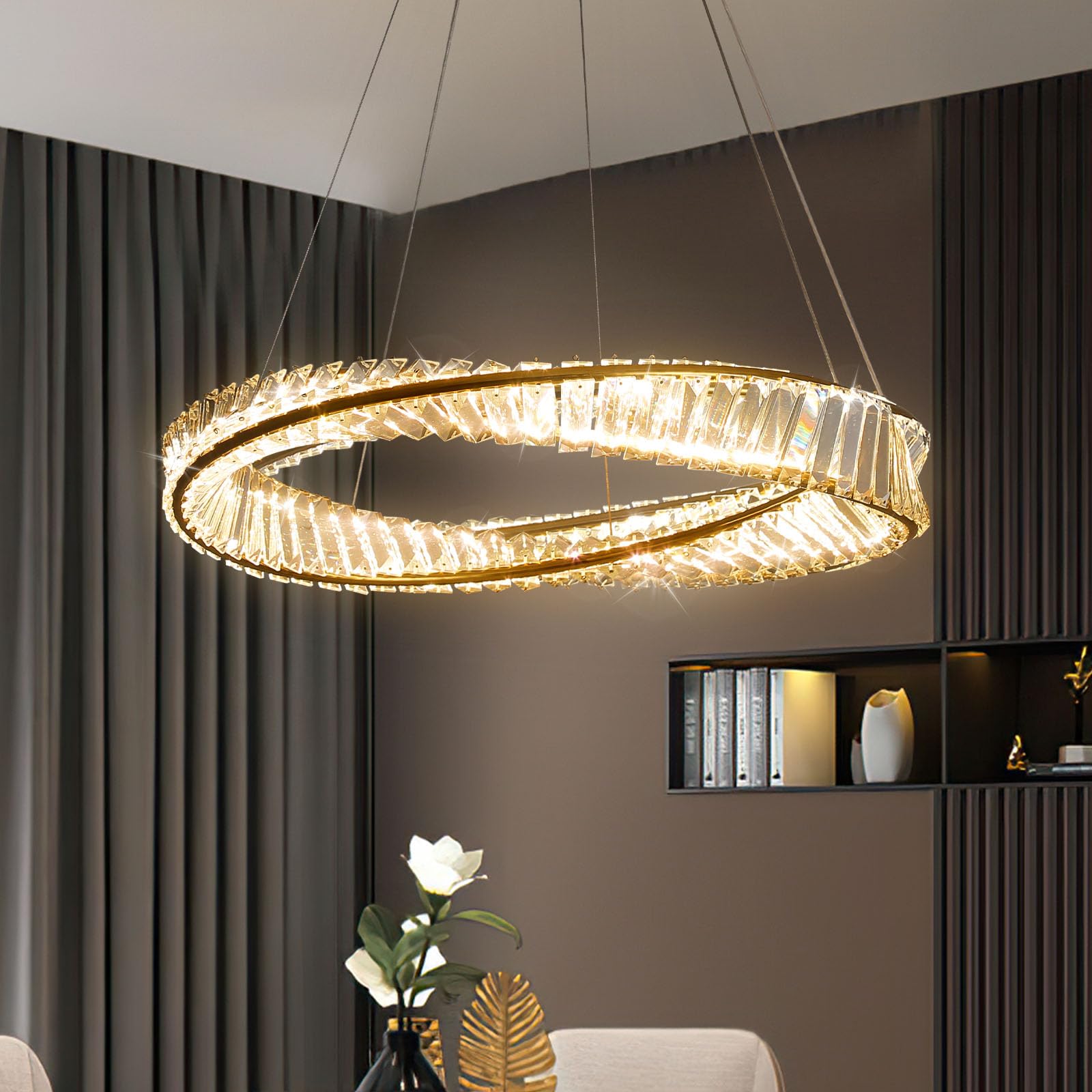 meibeileil Modern Pendant Ceiling Light,K9 Cristal D40cm Chandelier Light with 150cm Adjustable Hanging Cord,3 Dimmable Colour Temperatures with Remote Control,Hanging Lights for Dining Room, Kitchen.