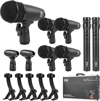 XTUGA MI7 Drum Microphone Set, 7 Piece Set Wired Drum Musical Instrument Microphone Kit for Bass Drums, Tam, Snare, Vocal, Condenser Microphone, Carrying Case & Stand Adapter