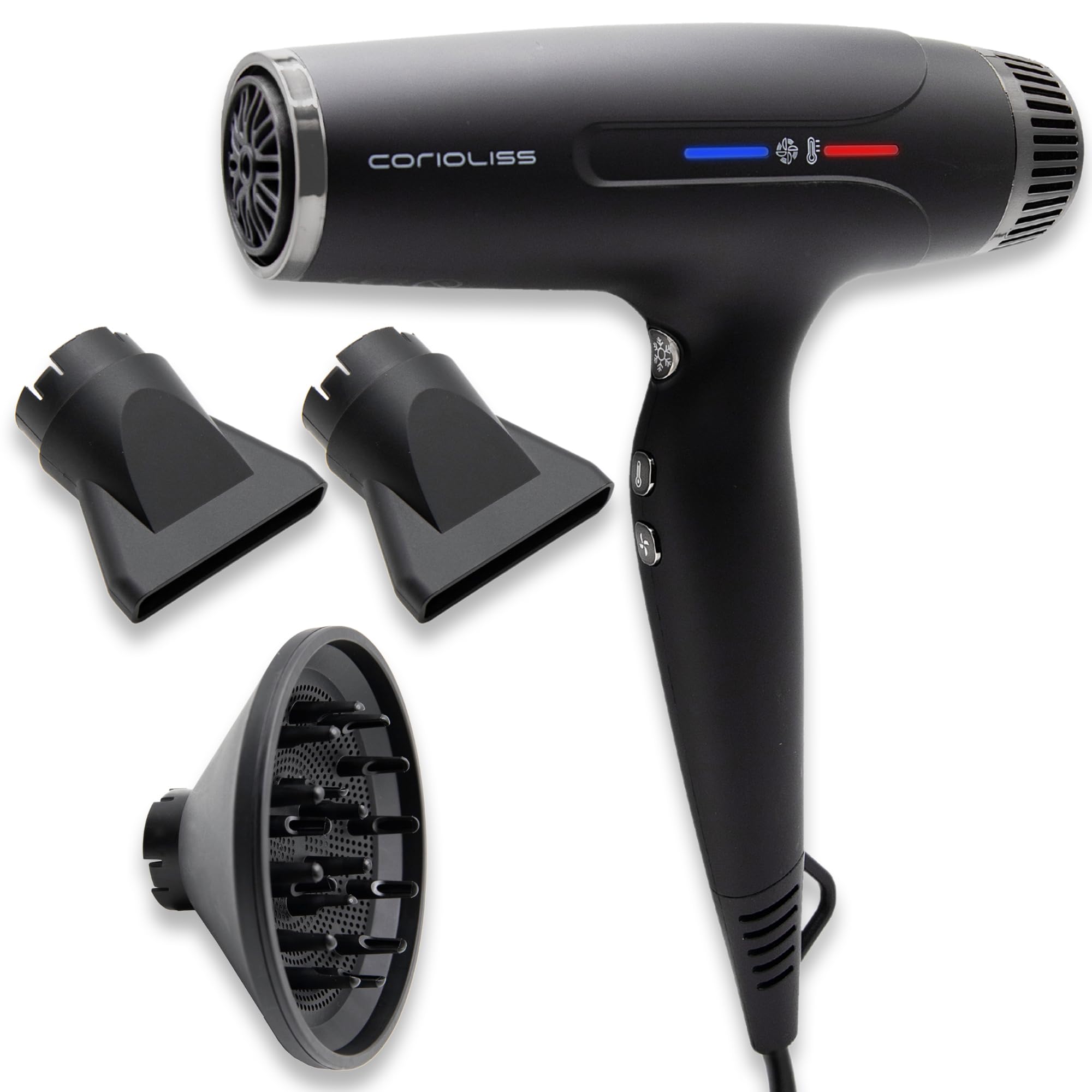 Corioliss Typhoon Secador de Pelo Profesional | Silencioso | Motor BLDC 2400W | Secador Pelo Viaje Ligero 417 Gr. | Potente | Iónico Antifrizz | Difusor y 2 Boquillas | Black Chrome