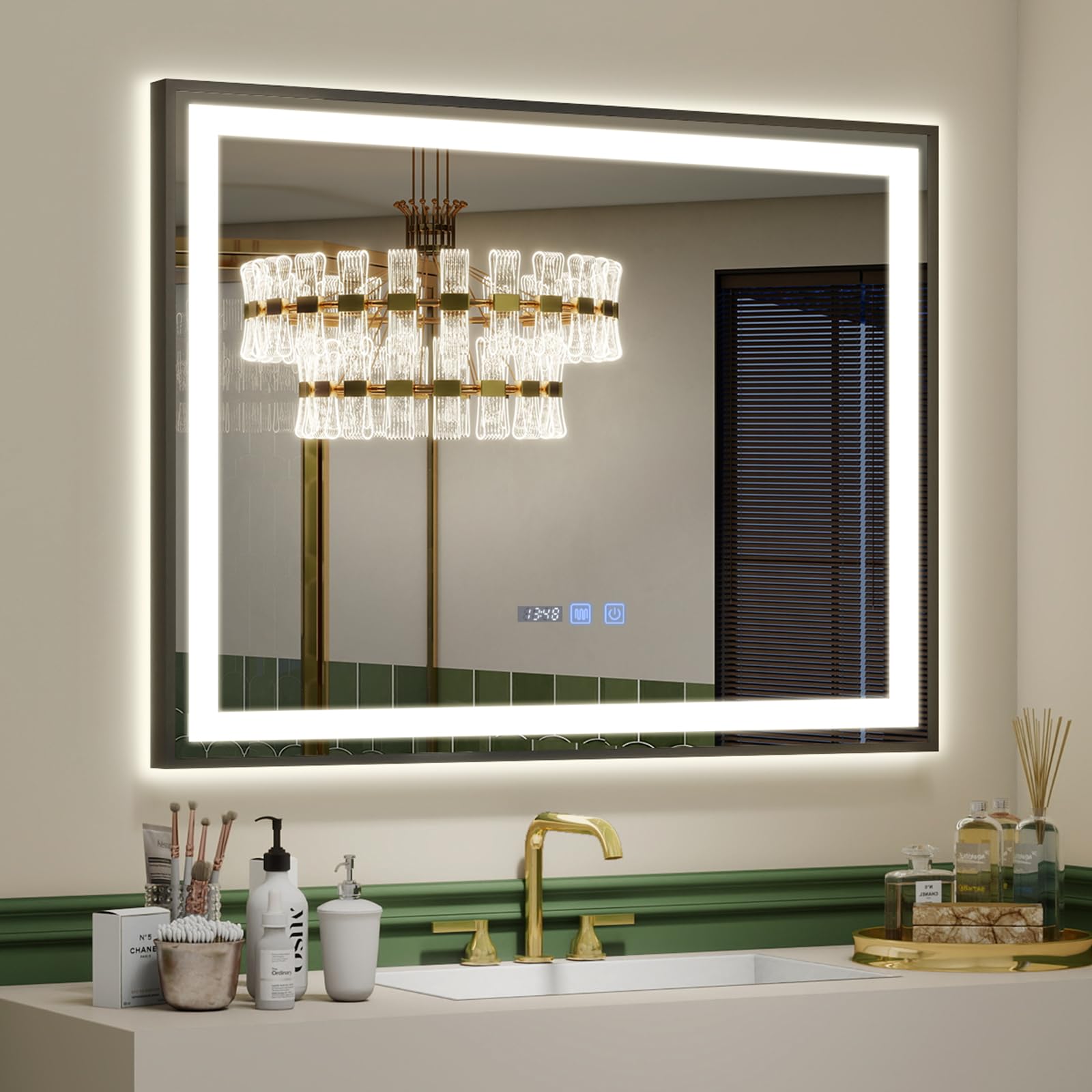 YU YUSING Badspiegel mit Beleuchtung 70x50cm Badezimmerspiegel LED Mit Uhr | Beschlagfrei, 3 Lichtfarbe Dimmbar, Wandspiegel Metallrahmen mit Touch-Schalter, LED Spiegel mit IP44, Vertikale Schwarz