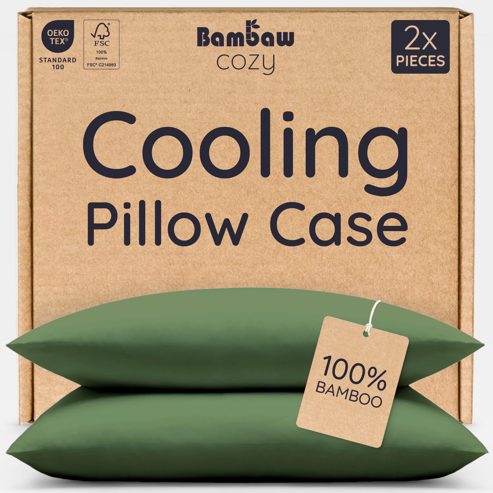 Bambaw Olive 100% Bamboo Pillow Cases Pack Of 2 50X75 Cm, Soft Cooling Pillow Cases For Night Sweats, Bamboo Pillows Cases Pack Of 2, Envelope Closure, Temperature Balancing Pillowcases 50X75 Cm (Olive)