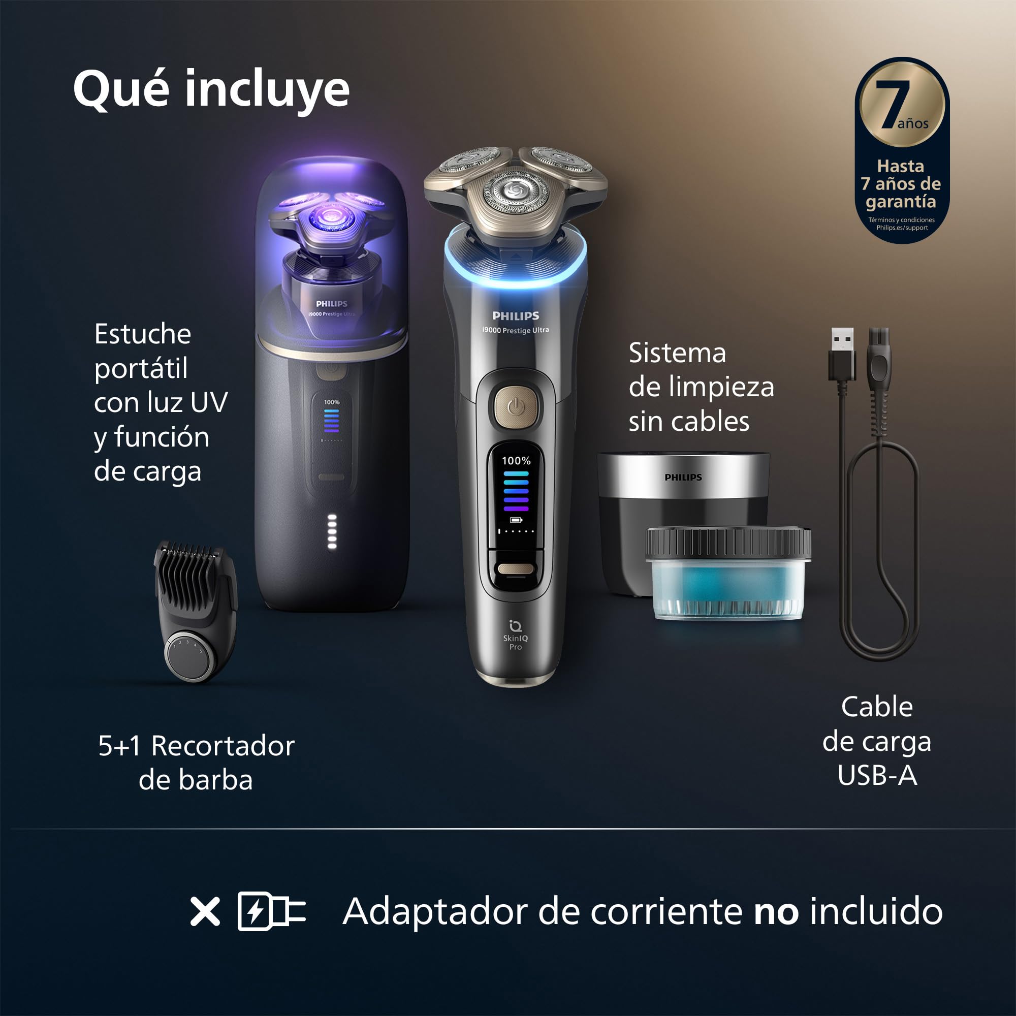 Philips i9000 Prestige Ultra, Afeitadora Eléctrica Hombre, Máquina de Afeitar Barba en Seco y Húmedo, Tecnología SkinIQ Pro, Recargable, Centro de limpieza, Recortador, Estuche de Carga UV, XP9402/46