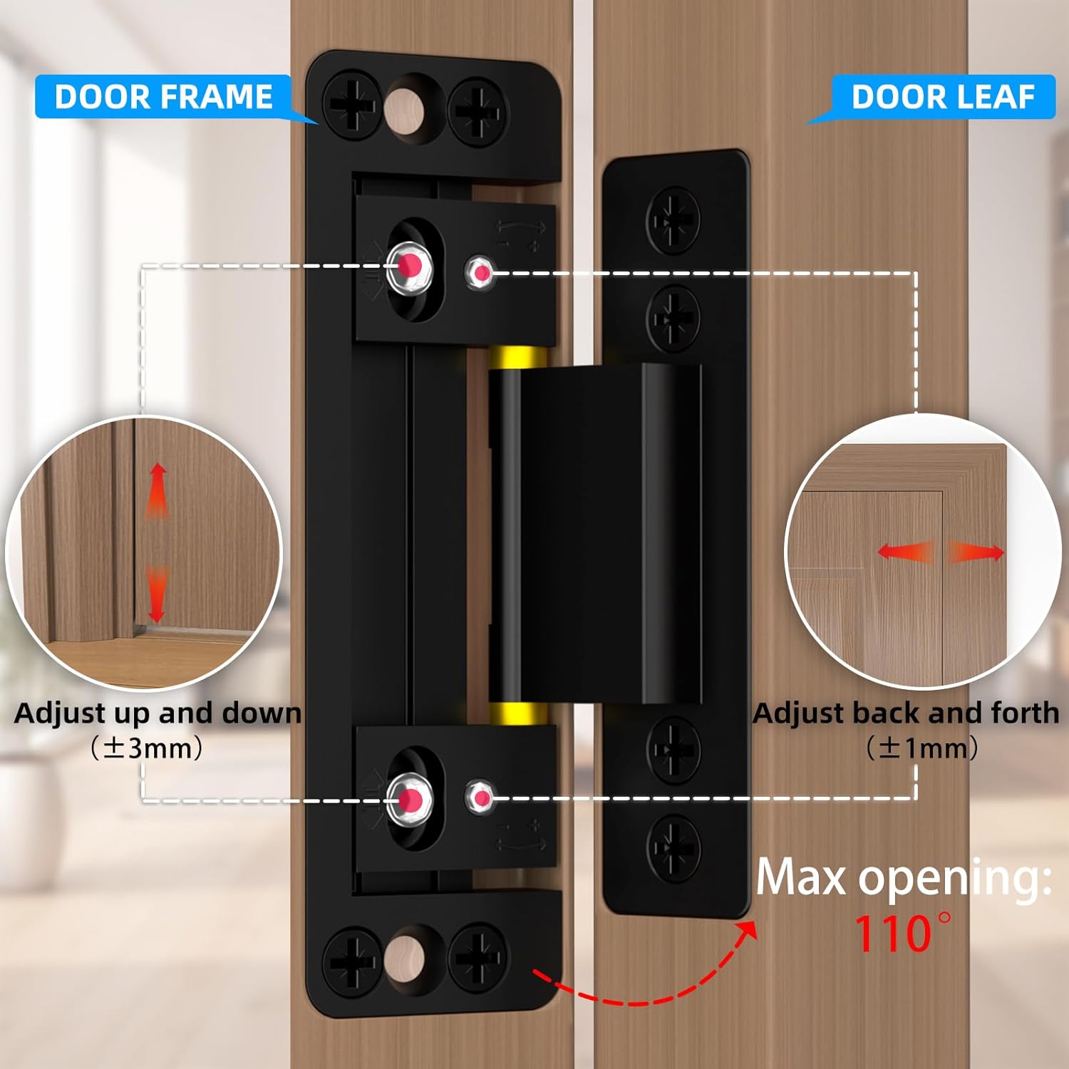 Bartuda 2 Pack Ultra-Thin Hidden Door Hinges, Heavy Duty Adjustable Invisible Concealed Hinges, Black Silent Smooth 110° Opening Hinges for Secret Doors, Hidden Rooms, Pantries & Closets