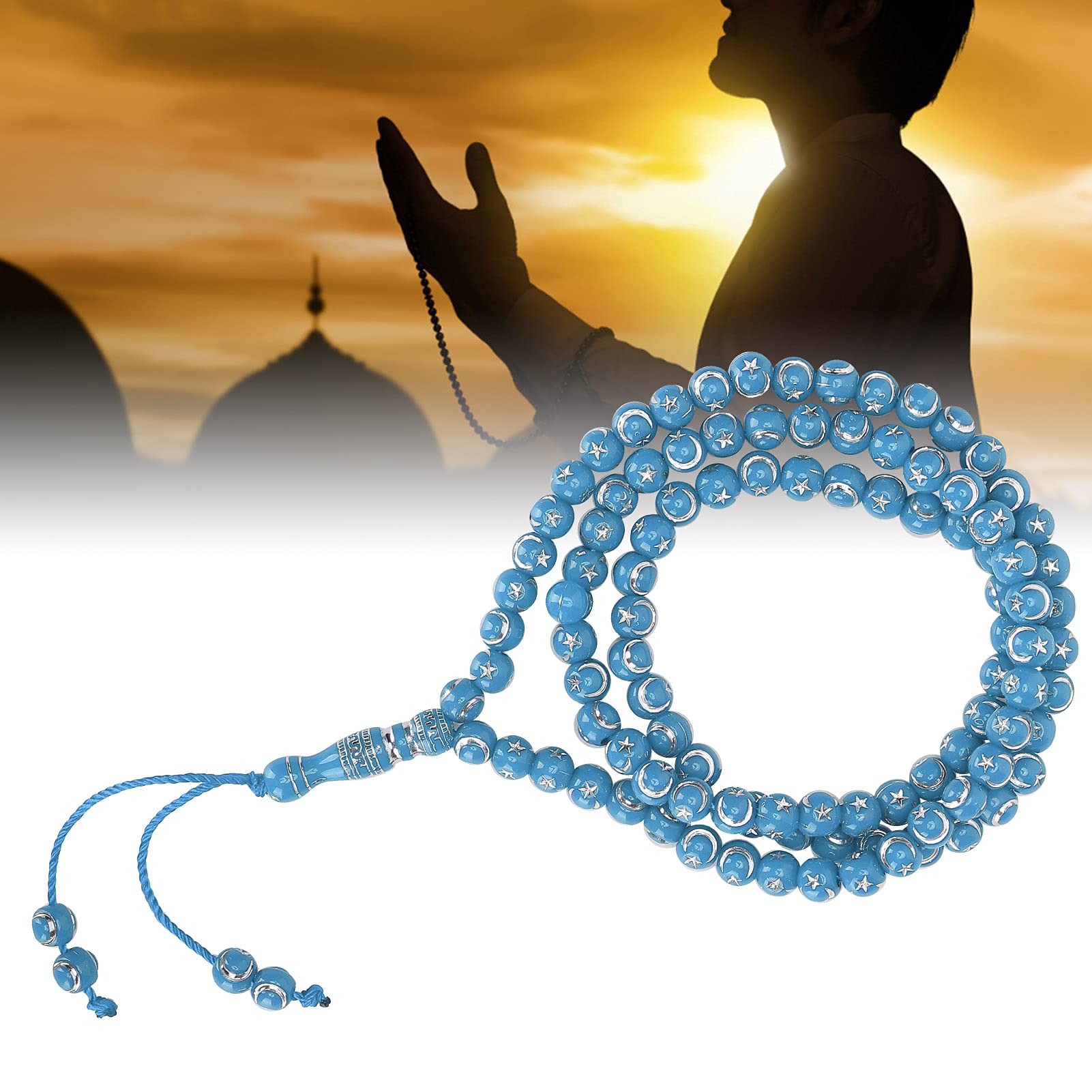 Chapelet Musulman 99 Grains Résine Bleue - Outil De Prière Islamique Avec Lune Et Étoile