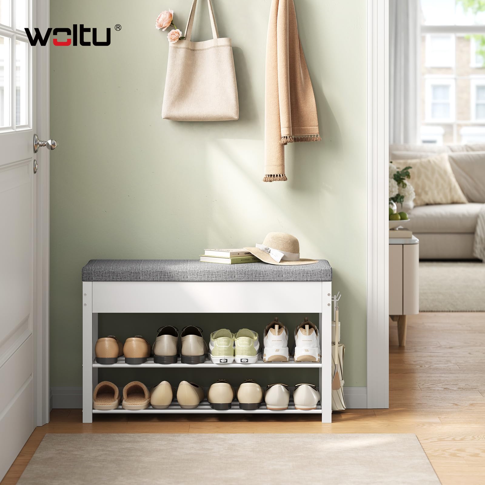 WOLTU Zapatero con Asiento Acolchado, Banco Zapatero de 2 Niveles, 1 Zona Oculto y 2 Ganchos, Organizador para Zapatos, Estructura Metálica, para Entrada o Pasillo, 80x30x50 cm, Blanco+Gris Claro