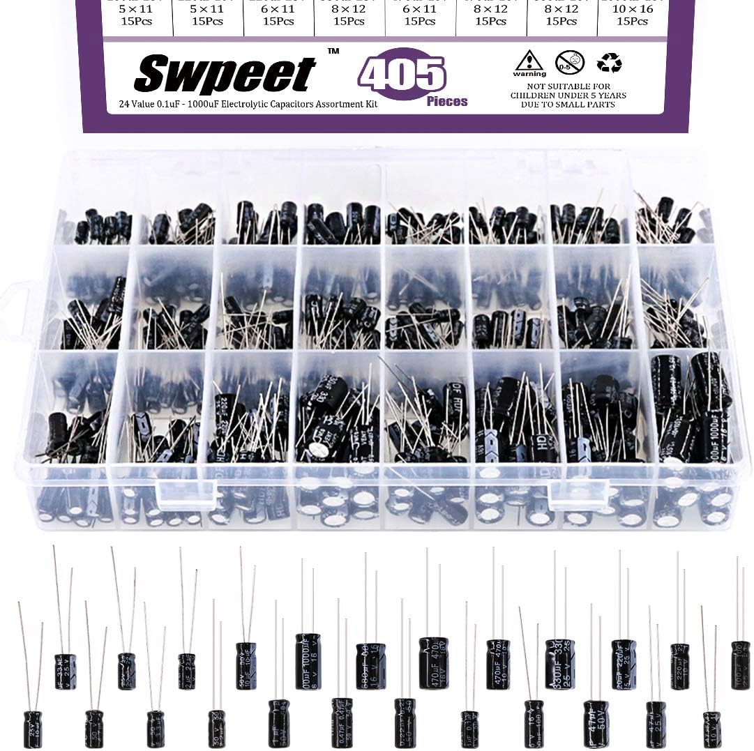 Swpeet 405Pcs 24 Kinds Different Electrolytic Capacitors