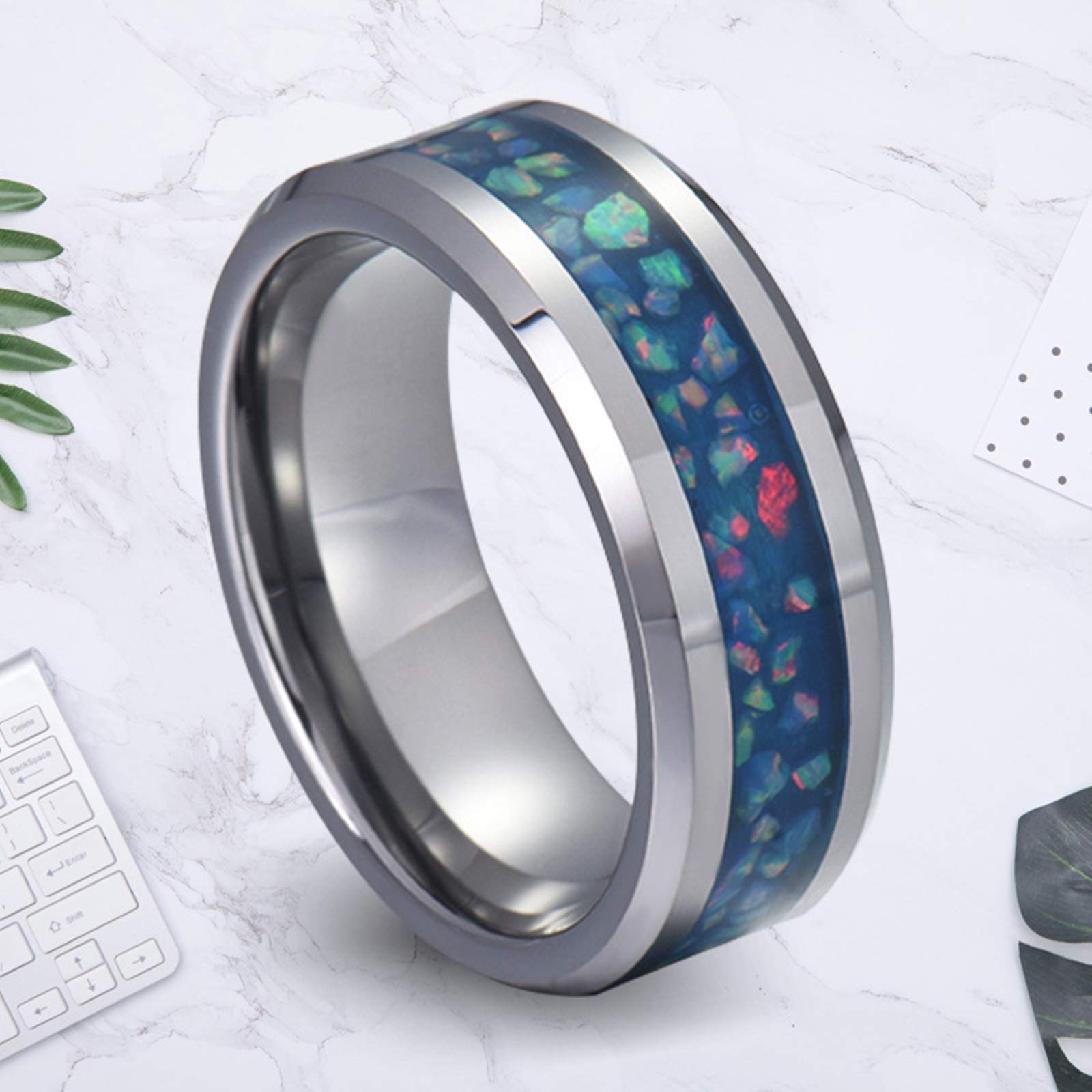 Gualiy Collar con colgante de acero de tungsteno, collar para él y ella para parejas, 8 mm, anillo de plata con incrustaciones de ópalo azul