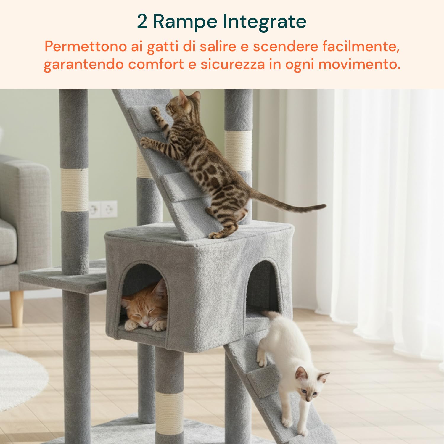Avilia - Tiragraffi XXL 170cm con Doppia Cuccia per Gatti Adulti, Albero Giochi in Sisal e Peluche, Piatteforme Relax, Ampio e Sicuro per il Massimo Divertimento dei Gatti (Grigio)