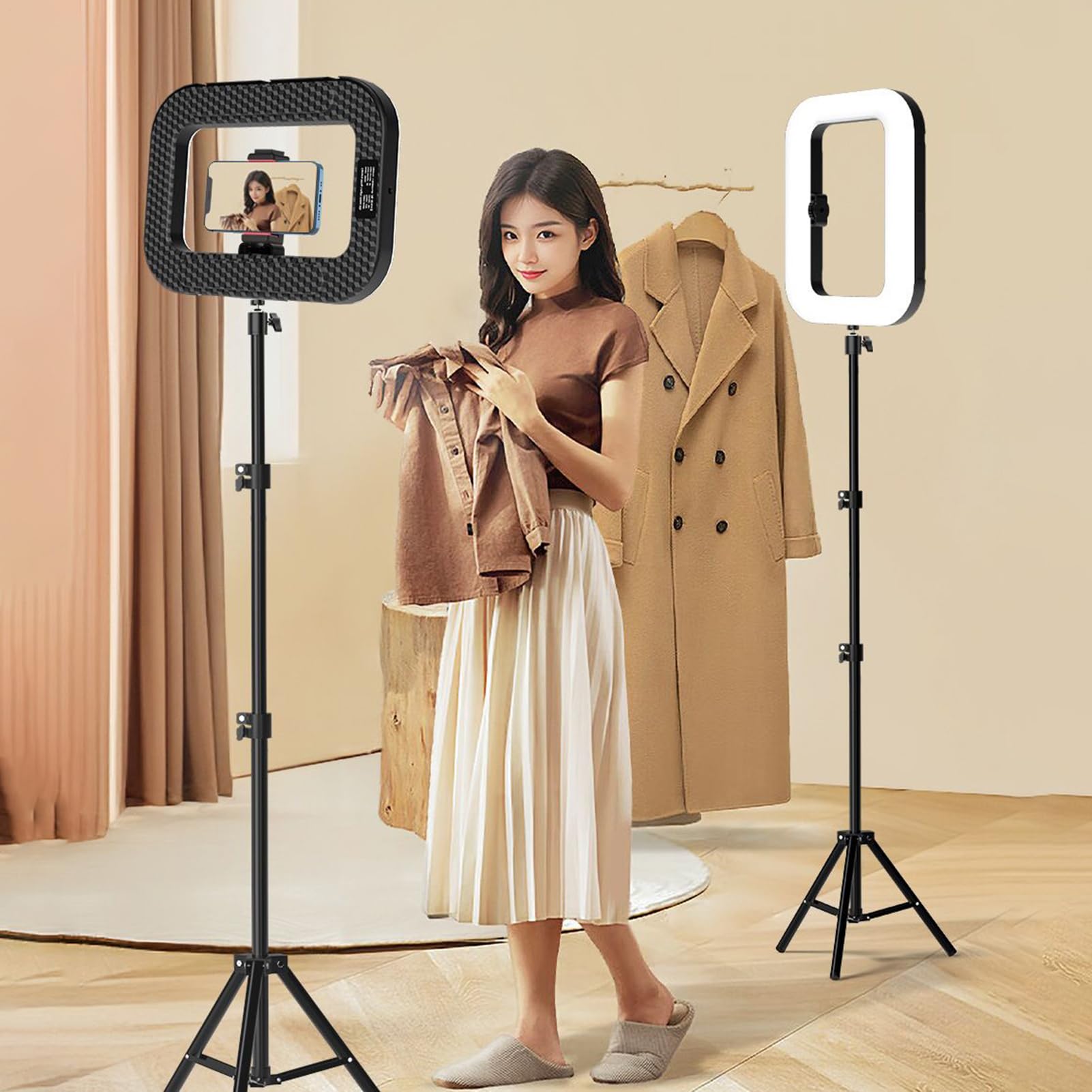 Lampa pierścieniowa LED Antywstrząsowa ergonomiczna ręczna kamera | Kwadratowy stabilizator wideo z lampą Wielofunkcyjny do streamingu makijażu w studio i plenerze słabe