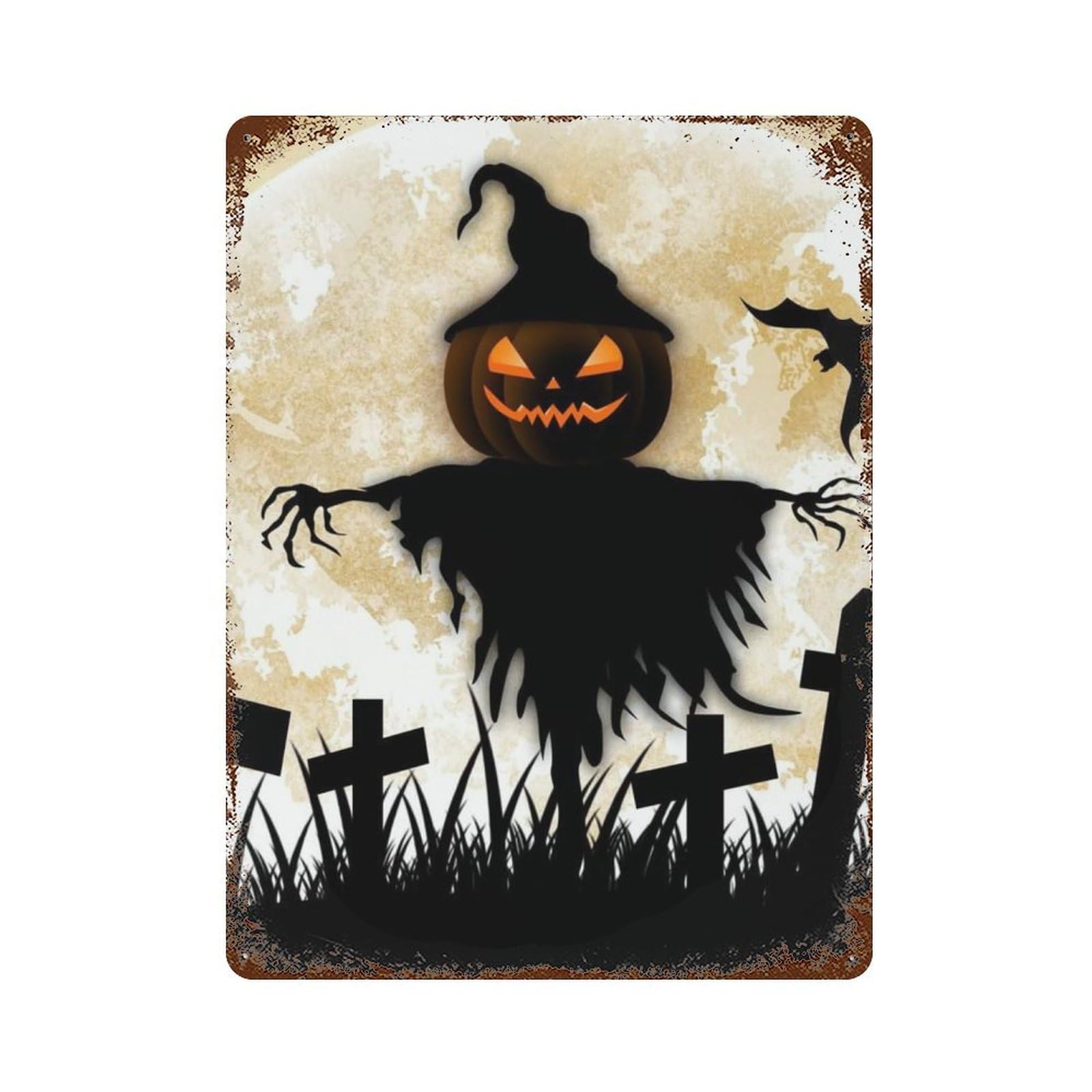 Halloween Scarecrow with Full Moon Rust Effect Tin Sign 15.7"x11.8", Decorative Metal Wall Art for Living Room, Hallway And Home Decor