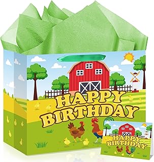 Chicken Gift Bag Chicken Happy Birthday Gift Bag Birthday Wrapping Paper Bag with Handle Tissue Paper Greeting Card for Farm Animal Hen Rooster Chick Party Favor Decoration Chickens Lovers Baby Shower