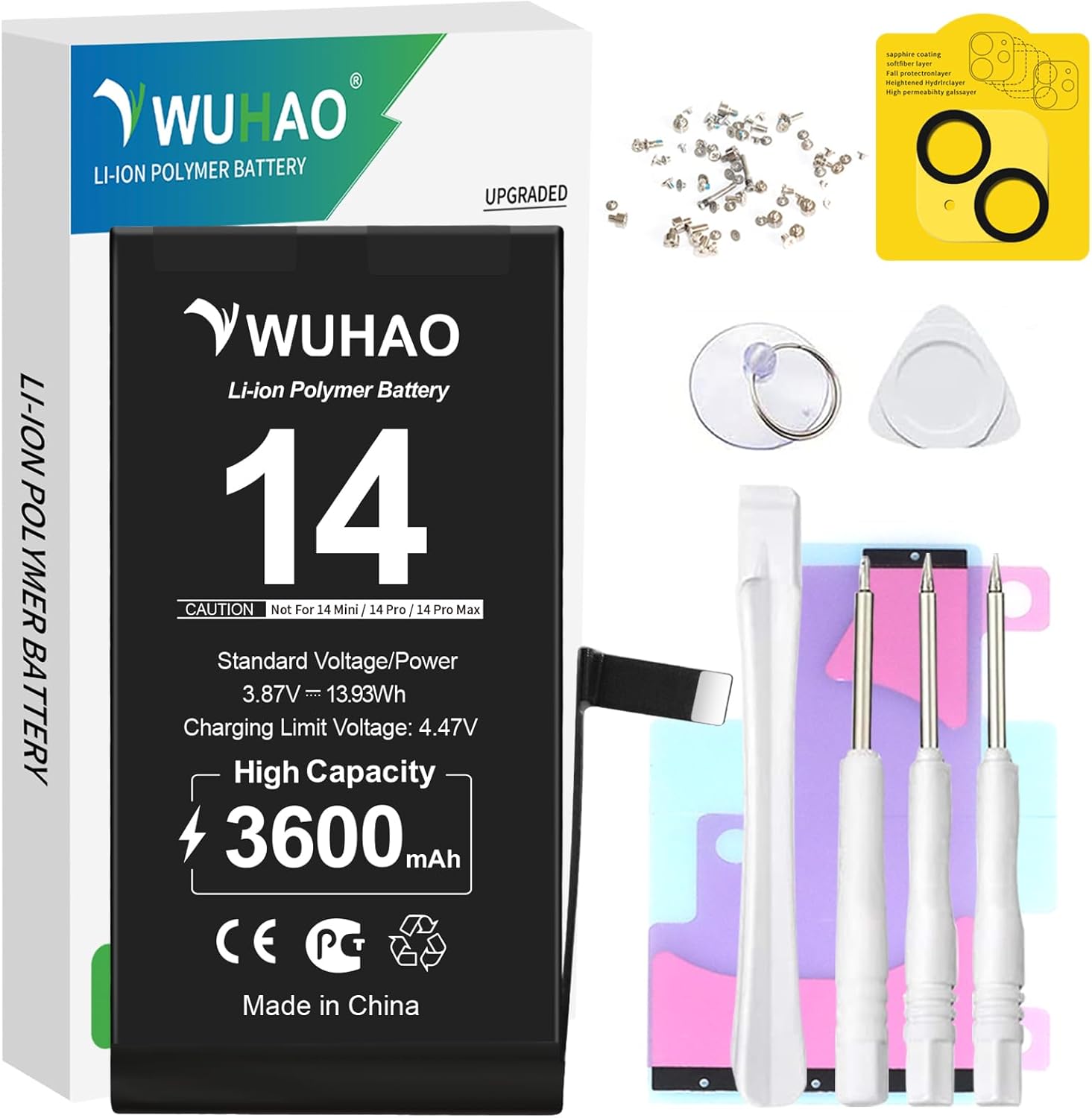 WUHAO Replacement for iPhone 14 Battery,3600mAh Upgraded Capacity for 14 A2882 A2649 A2881 A2884 A2883 Battery with Camera Lens Protector + Screws + Professional Repair Tool Kit