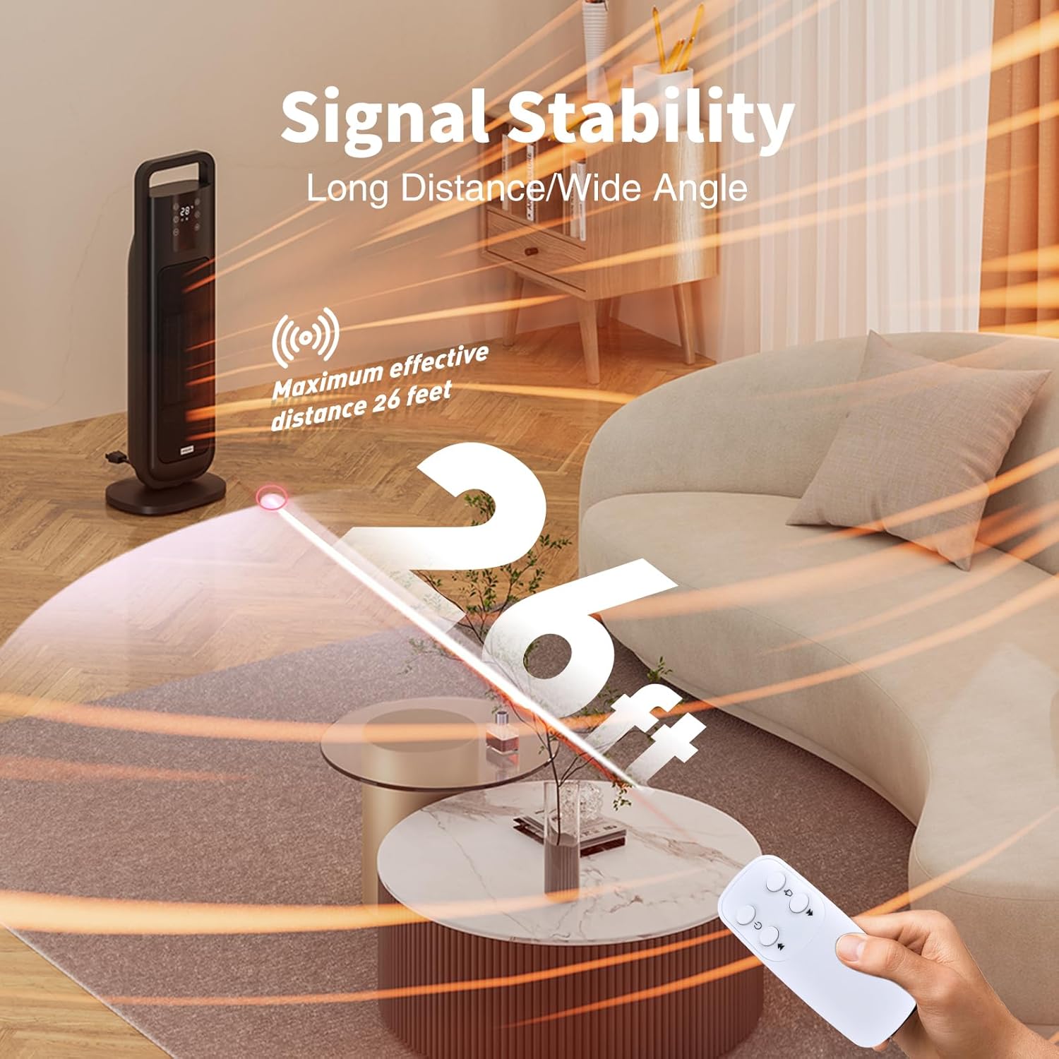 Image illustrating the remote control's signal range, showing a heater and remote control in a room with a signal extending up to 26 feet.