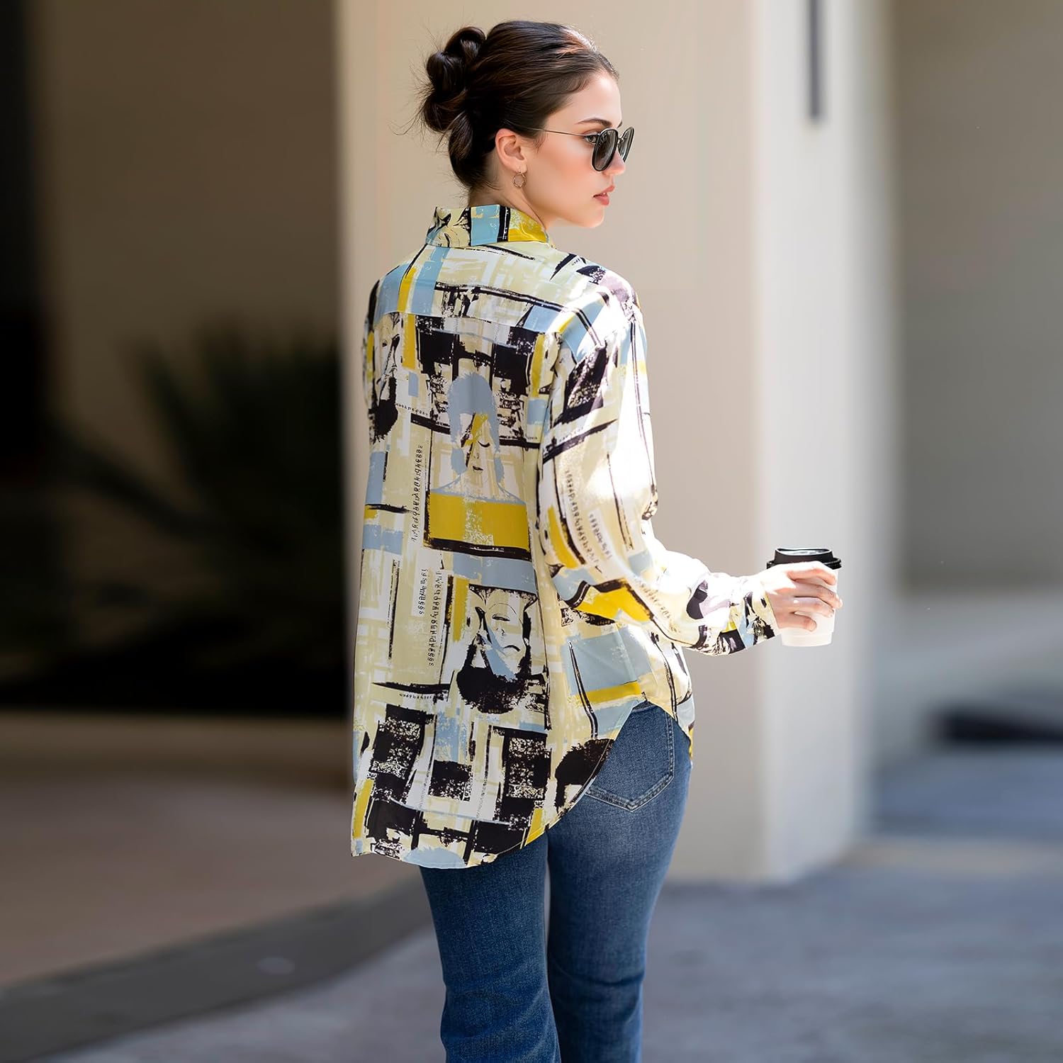 Womens 100% Silk Blouse Long Sleeve Oversized Button Down Shirt Boho Summer Fall Dressy Casual V Neck Boyfriend Tops - Image 2