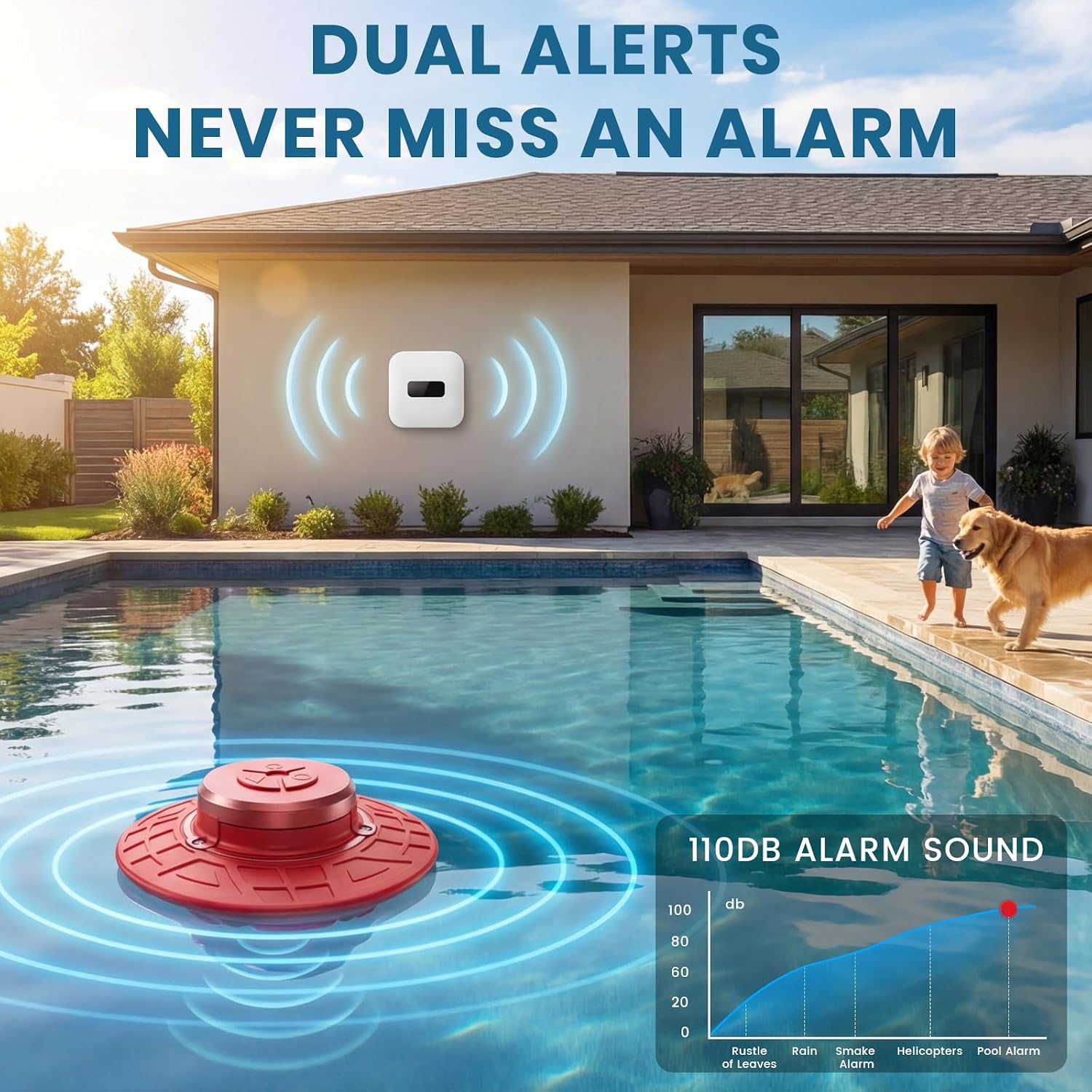 Pool Alarm, Floating Safety Alarm for Inground & Above Ground Pools, 110dB Siren IP68 Waterproof, Smart Wave-Sensing Prevents False Alerts, 262ft Wireless Range, Kids & Pets Safety (Red)
