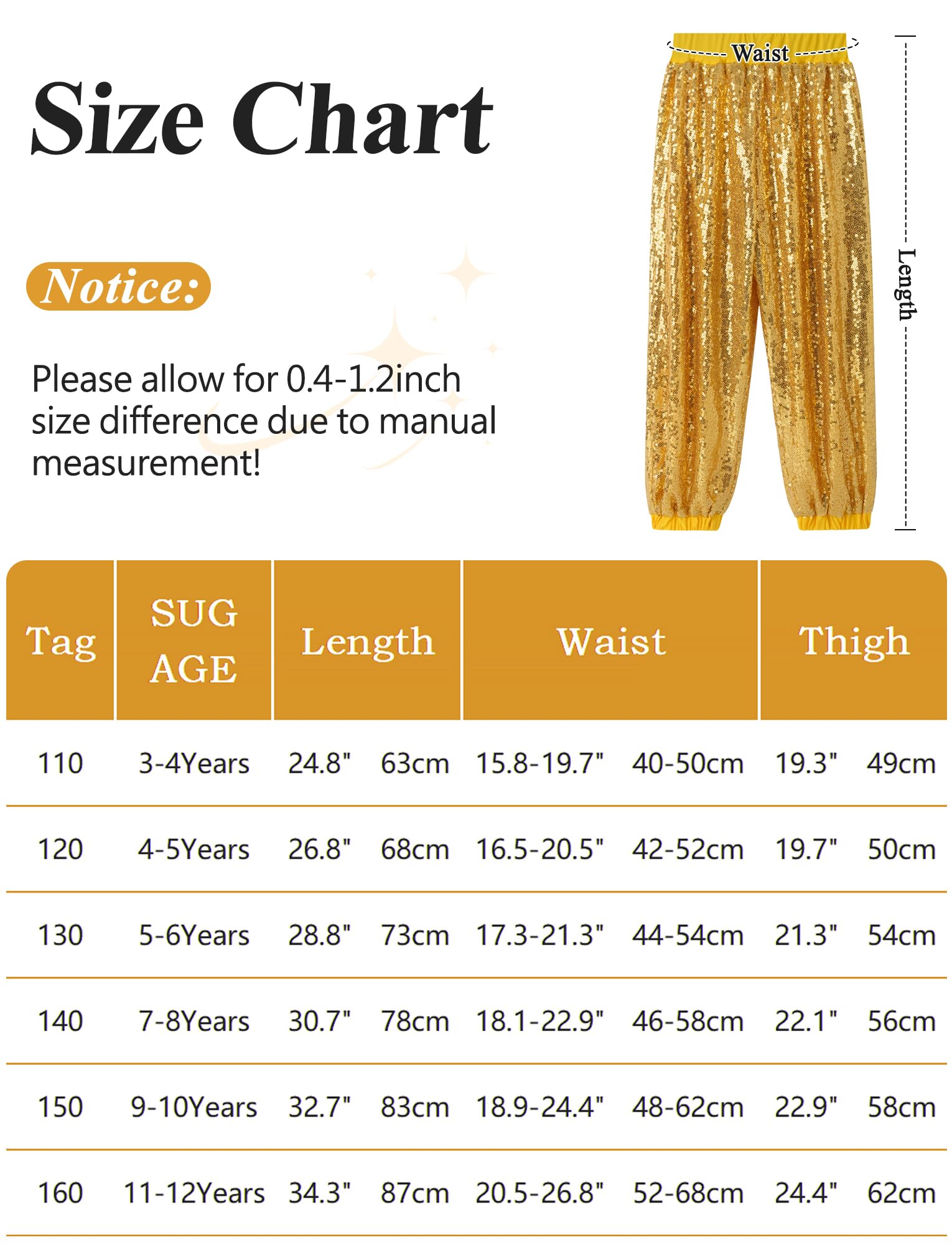 SEAUR Enfant Paillettes Pantalon De Danse Jazz Fille Garçons Pantalon De Fête Disco Party Ceinture Élastique 110-160=(104-158 UE)