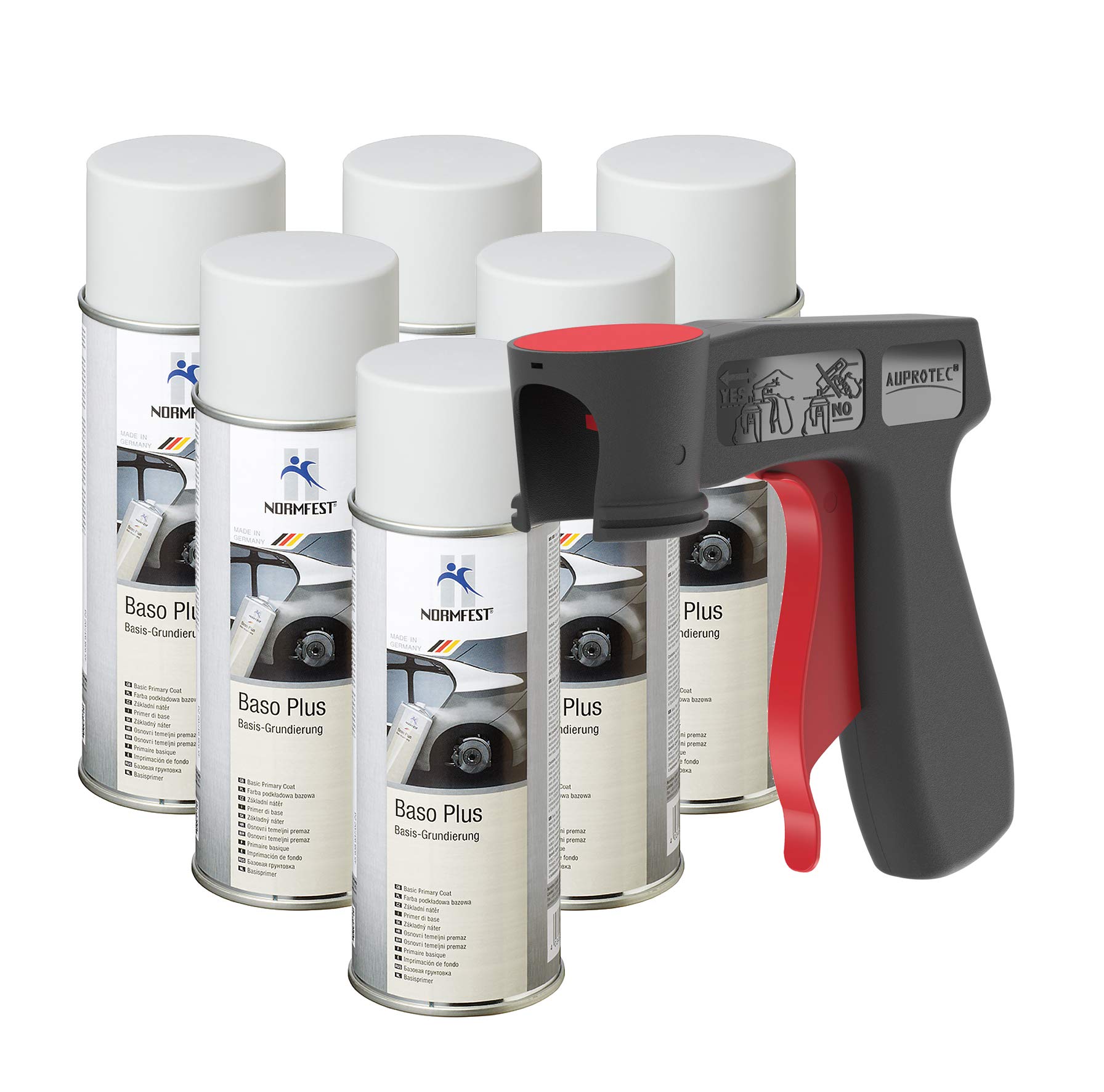 AUPROTEC Pistolengriff + Normfest Grundierung Haftgrund Füller Baso+ Lack Rostschutzgrundierung Spray grau 6x 400ml
