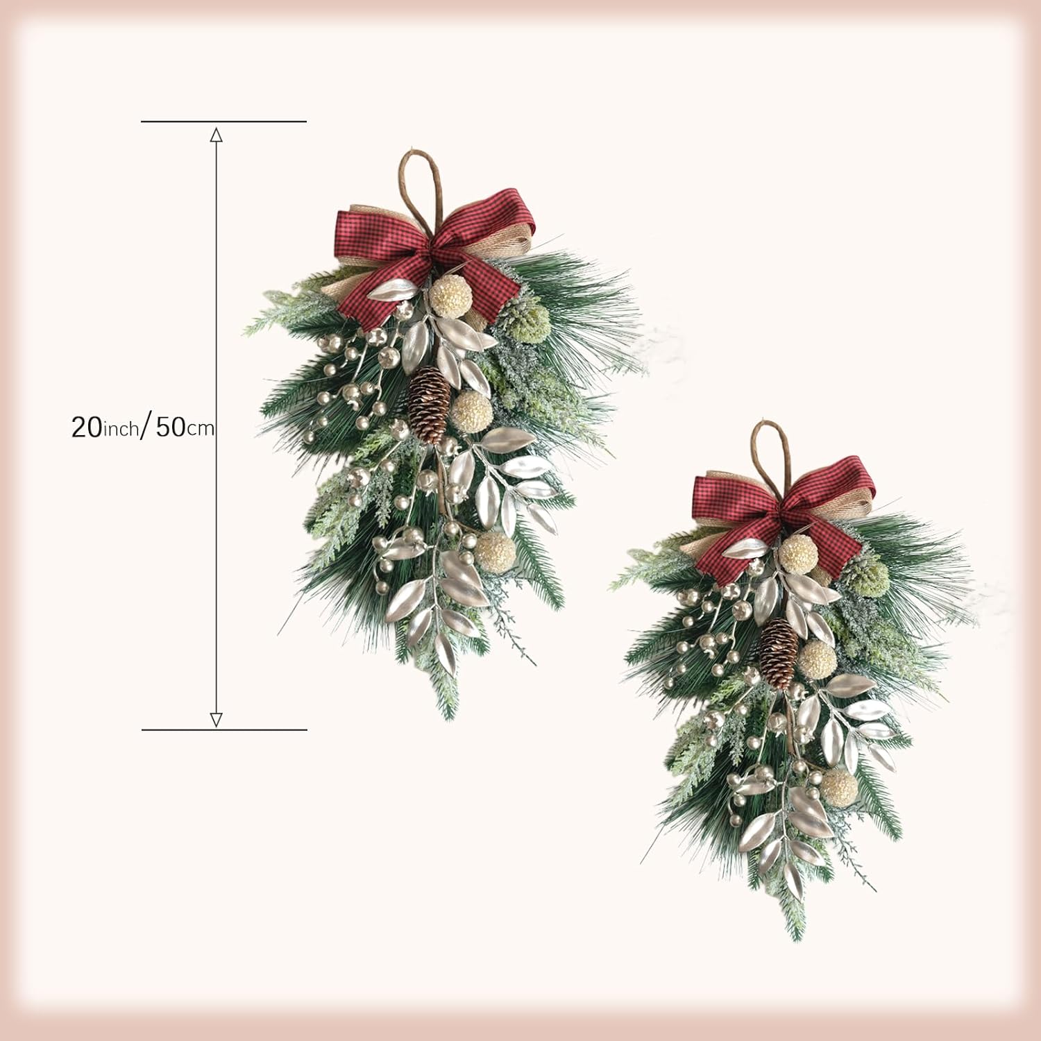 idyllic 2PCS Christmas Teardrop Swag Decor - 20 Inch Champagne Berry Wreath for Front Door, Fireplace, Includes Pine Cones, Spruce Branches, and Pine Needles - Perfect for Holiday Home Party Decor