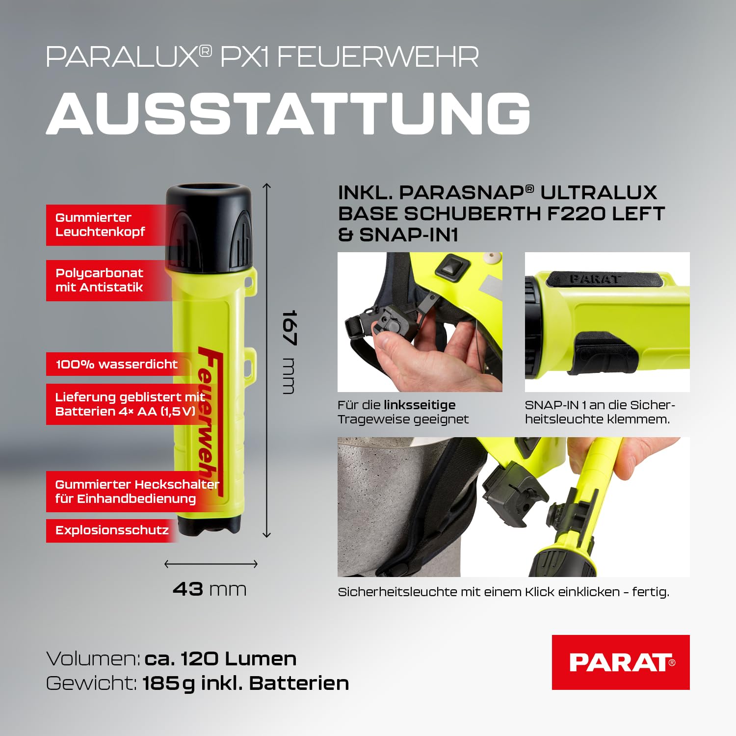 PARAT PARALUX® PX1 FEUERWEHR Set für Schuberth F200/F220 Links | LED Arbeitsleuchte mit 120 Lumen | EX-geschützte LED Taschenlampe | Wasserdichte Helmlampe | inkl. Batterien, Adapter & Halterung