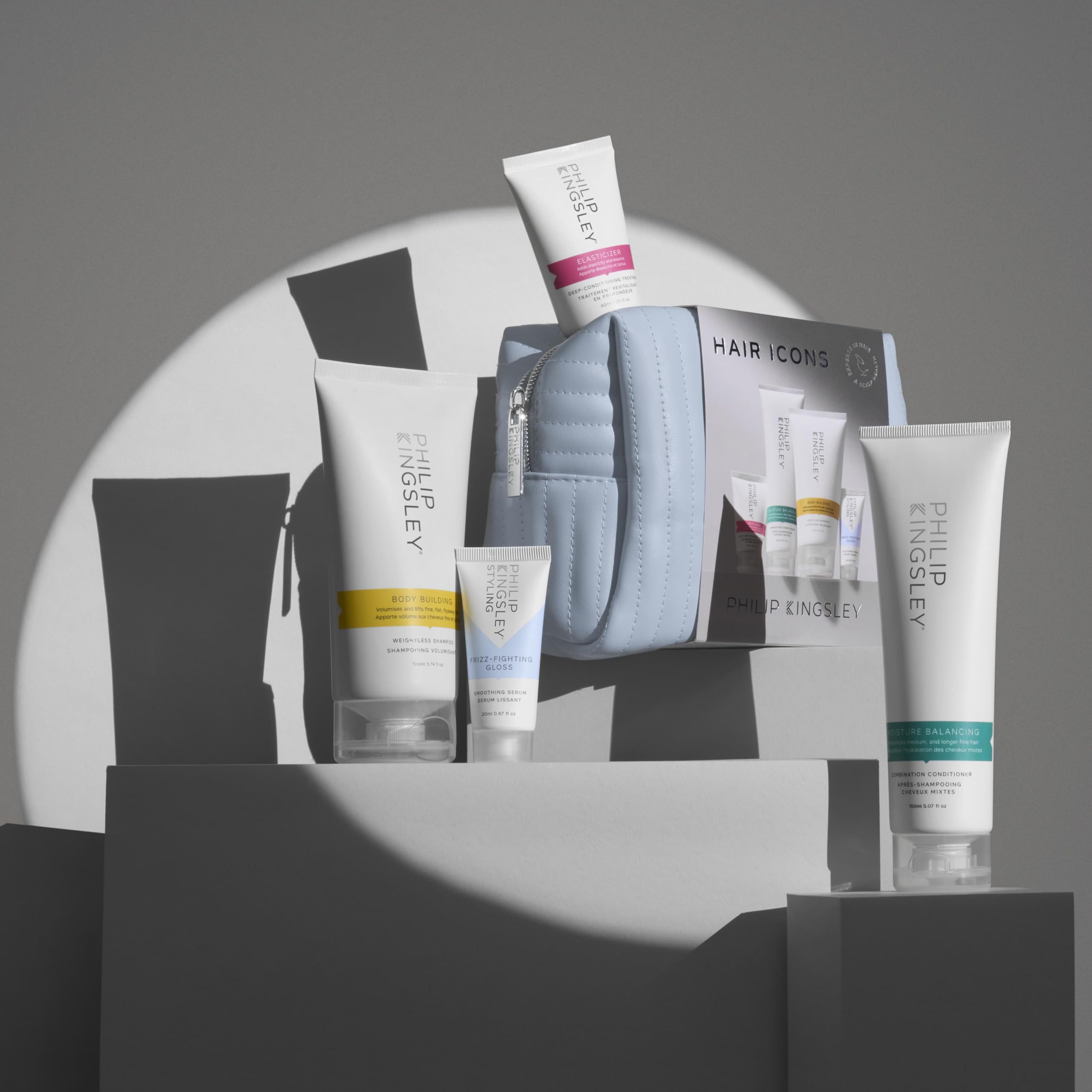 Philip Kingsley Set regalo con simboli per capelli, elastico, shampoo, balsamo e siero gloss, 40 ml, 170 ml, 150 ml, 20 ml